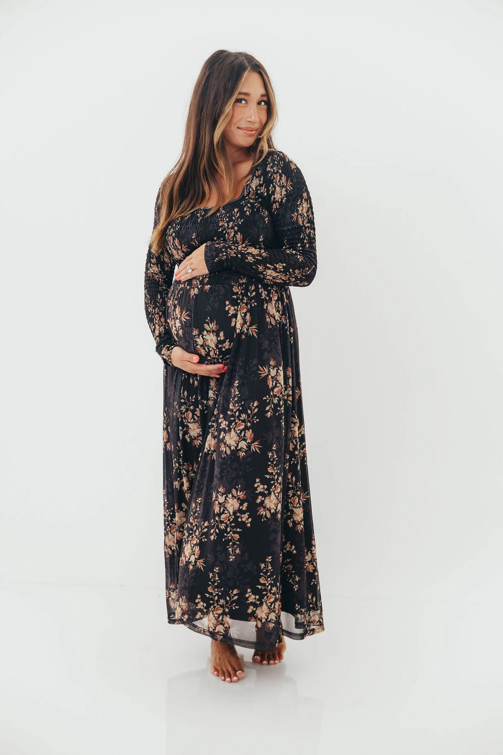Crisp Detail Fall Silhouette Honor Floral Smocked Woven Maxi Dress in Black - Bump Friendly