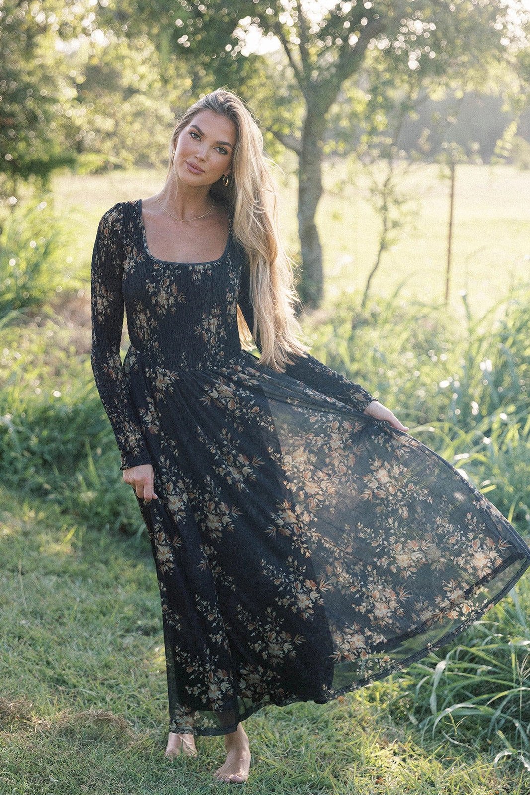 Honor Floral Smocked Woven Maxi Dress in Black - Bump Friendly Fall Fashion