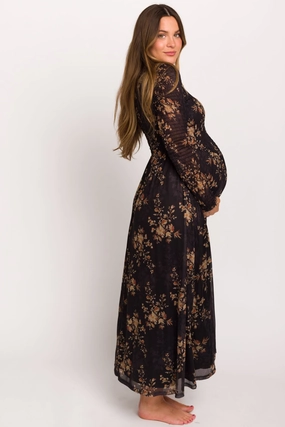Honor Floral Smocked Woven Maxi Dress in Black - Bump Friendly Stylish Touch