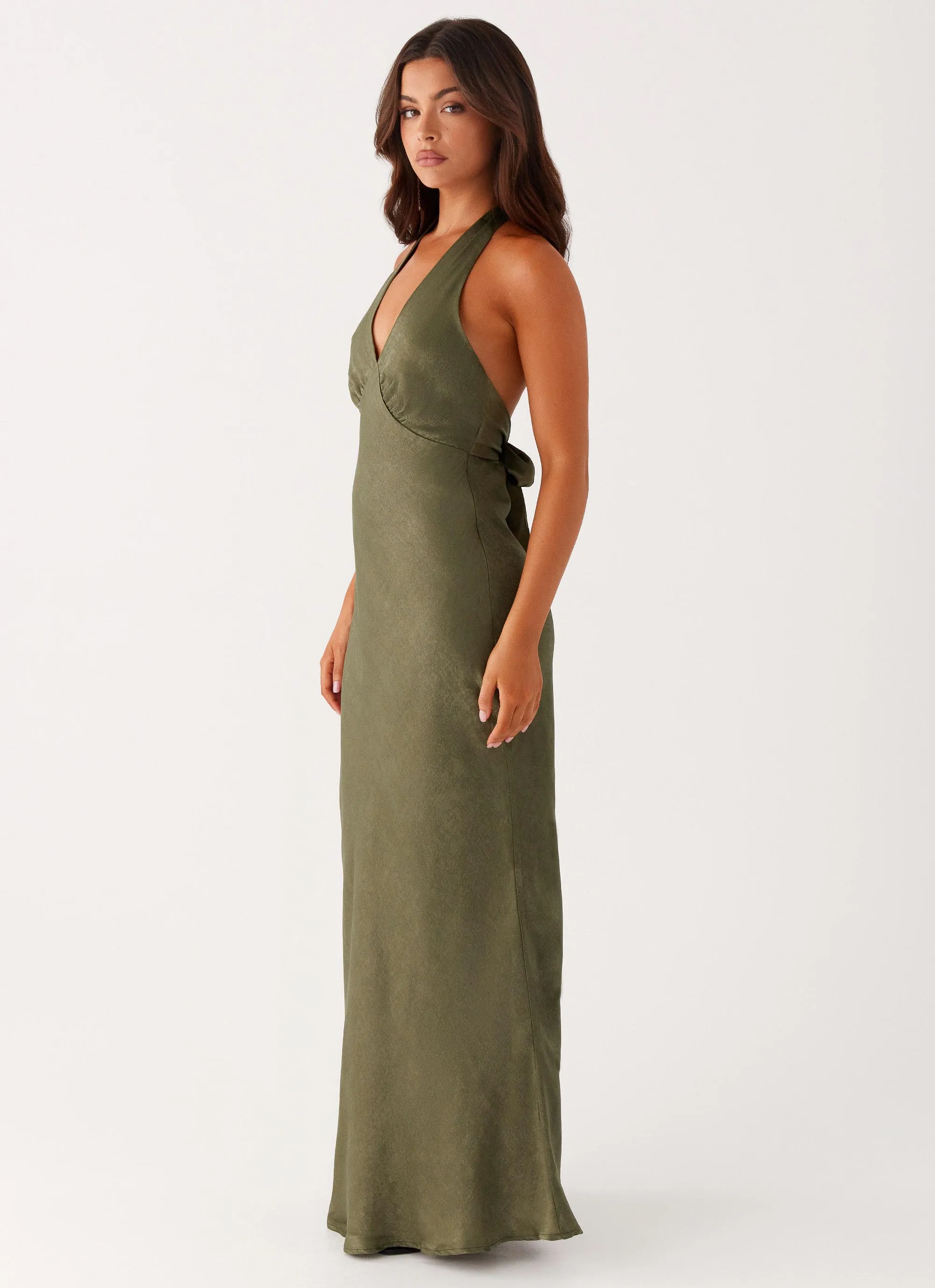 Trendy Fit button detail Heavy Hearted Satin Maxi Dress - Khaki