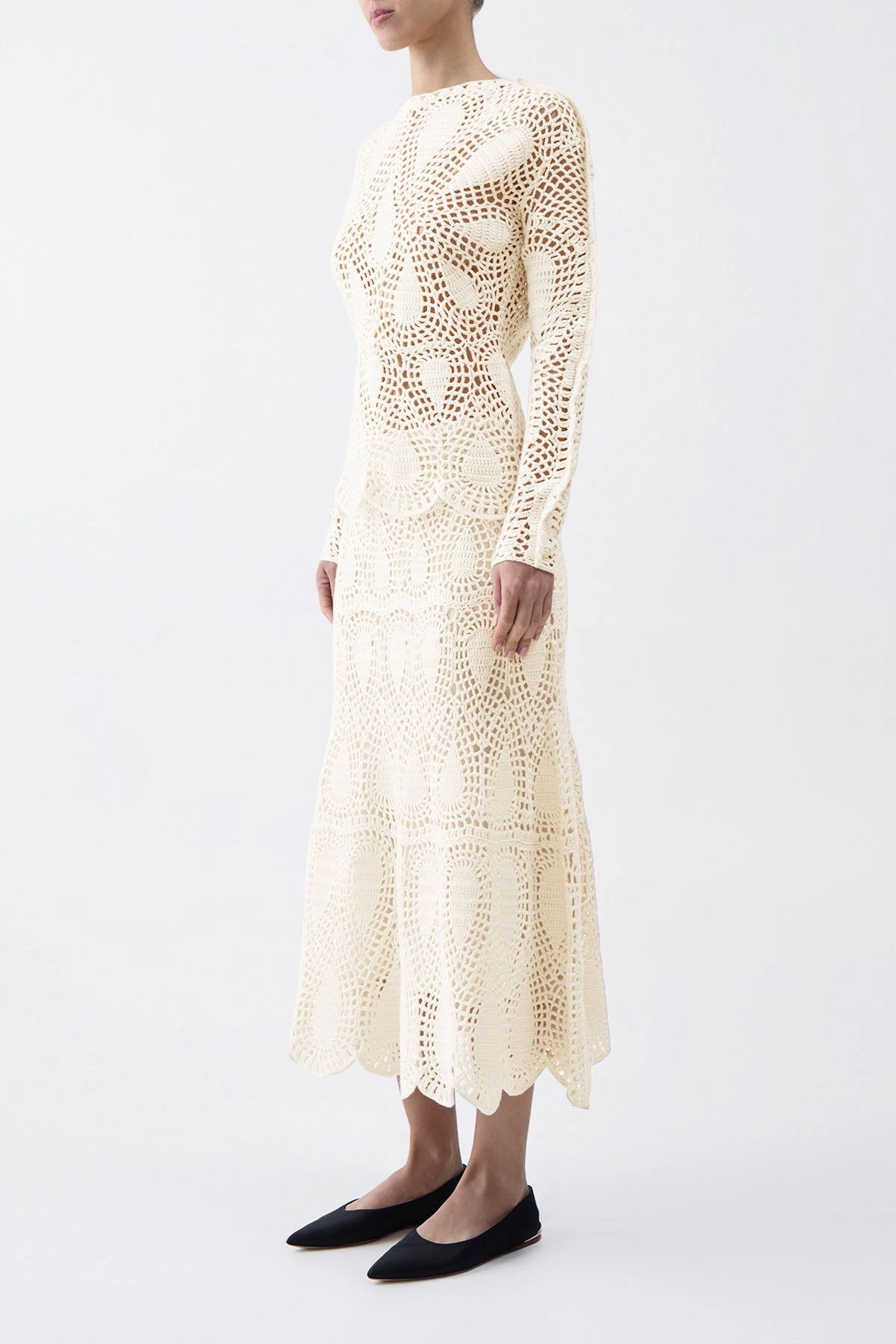 Cleo Crochet Maxi Skirt in Ivory Wool Cashmere Zero Waste Knitting Technique Surface Pilling Resistant