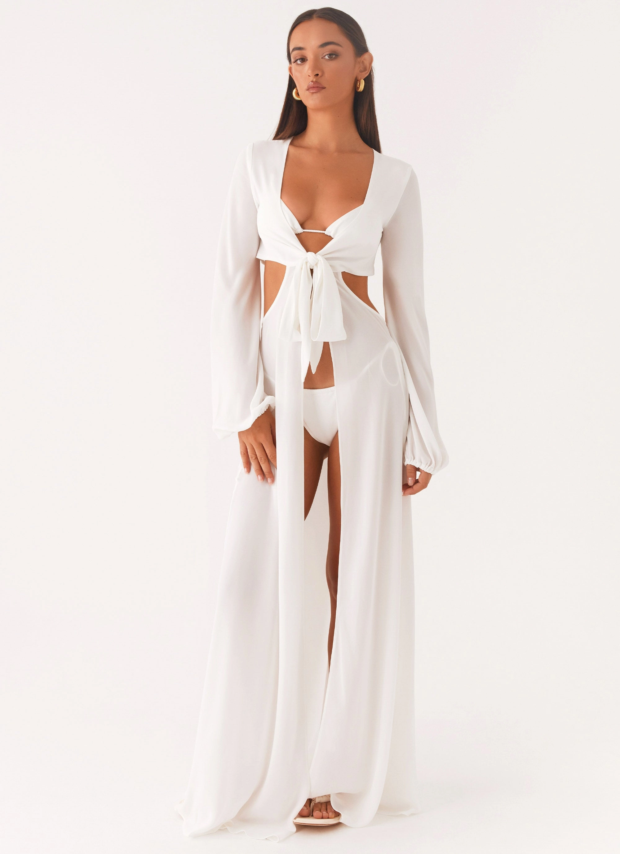 Coastal Maxi Dress - White Pleat-Front