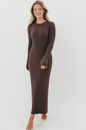 Open Back Vibrant Waist Fit Colette Premium Long Sleeved Ribbed Knit Maxi Dress in Brown - Bump Friendly