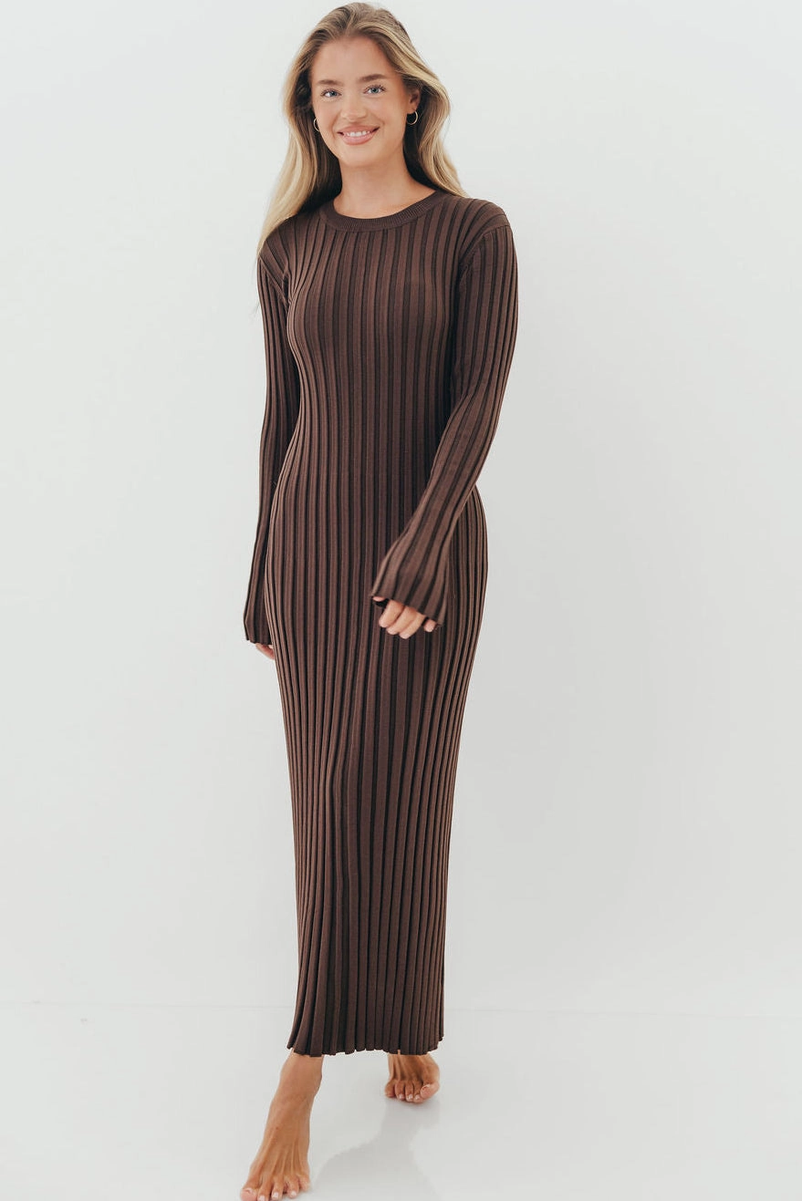 Open Back Vibrant Waist Fit Colette Premium Long Sleeved Ribbed Knit Maxi Dress in Brown - Bump Friendly