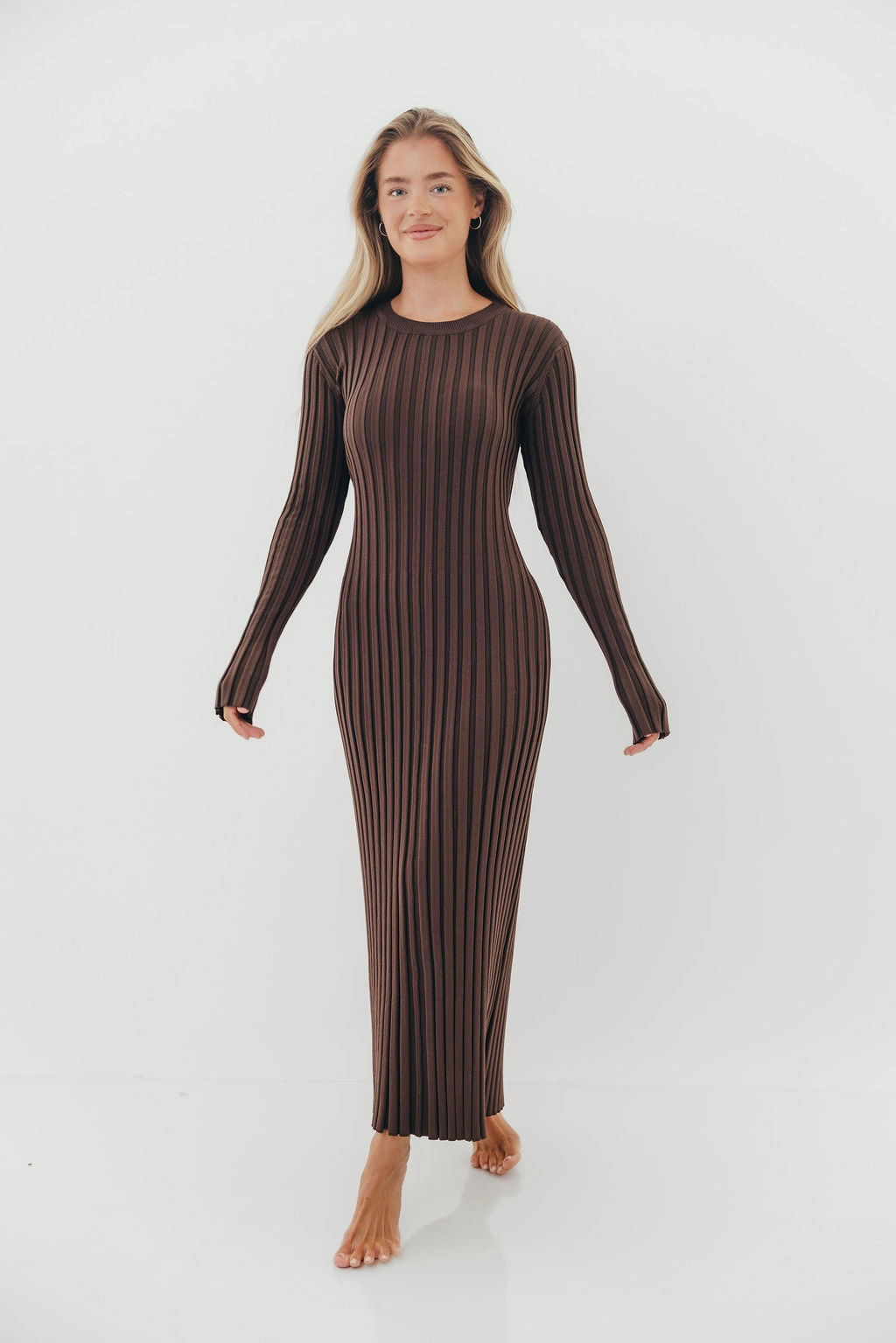 Colette Premium Long Sleeved Ribbed Knit Maxi Dress in Brown - Bump Friendly Feminine Look