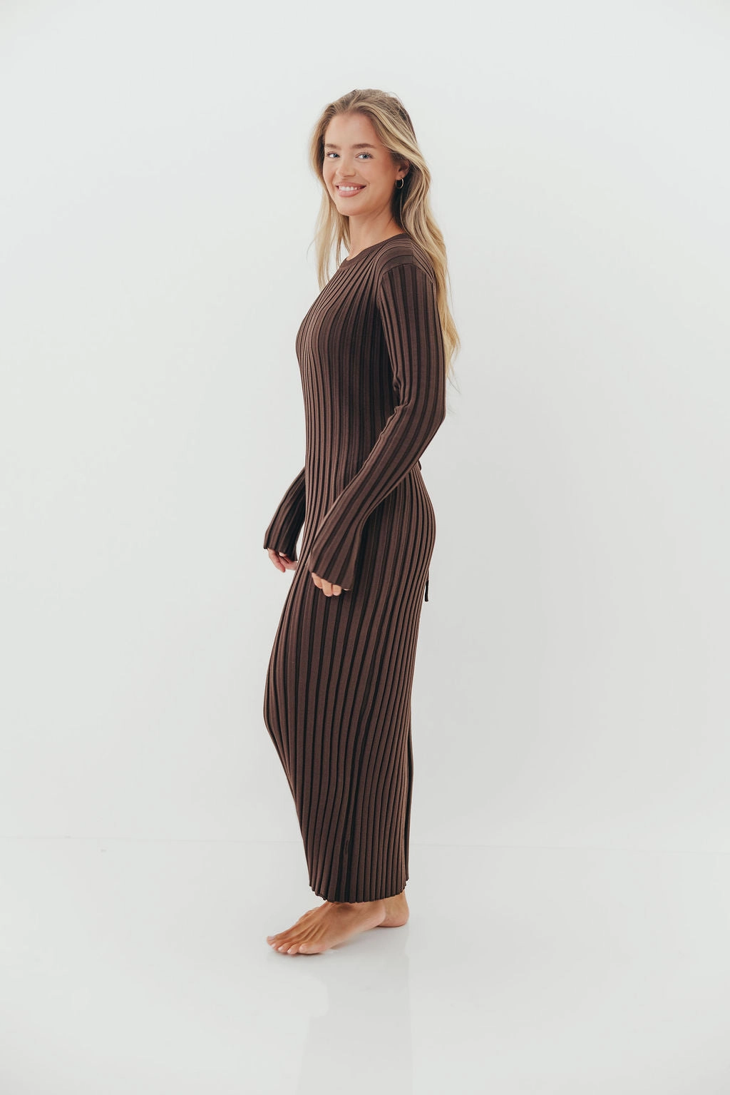 Colette Premium Long Sleeved Ribbed Knit Maxi Dress in Brown - Bump Friendly Stylish Fit Cool Palette