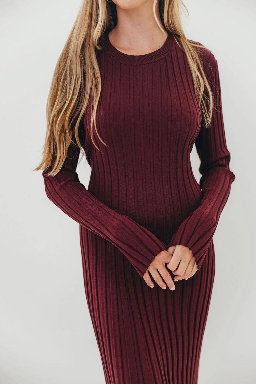 Basic Shape Fashion Look Colette Premium Long Sleeved Ribbed Knit Maxi Dress in Burgundy - Bump Friendly
