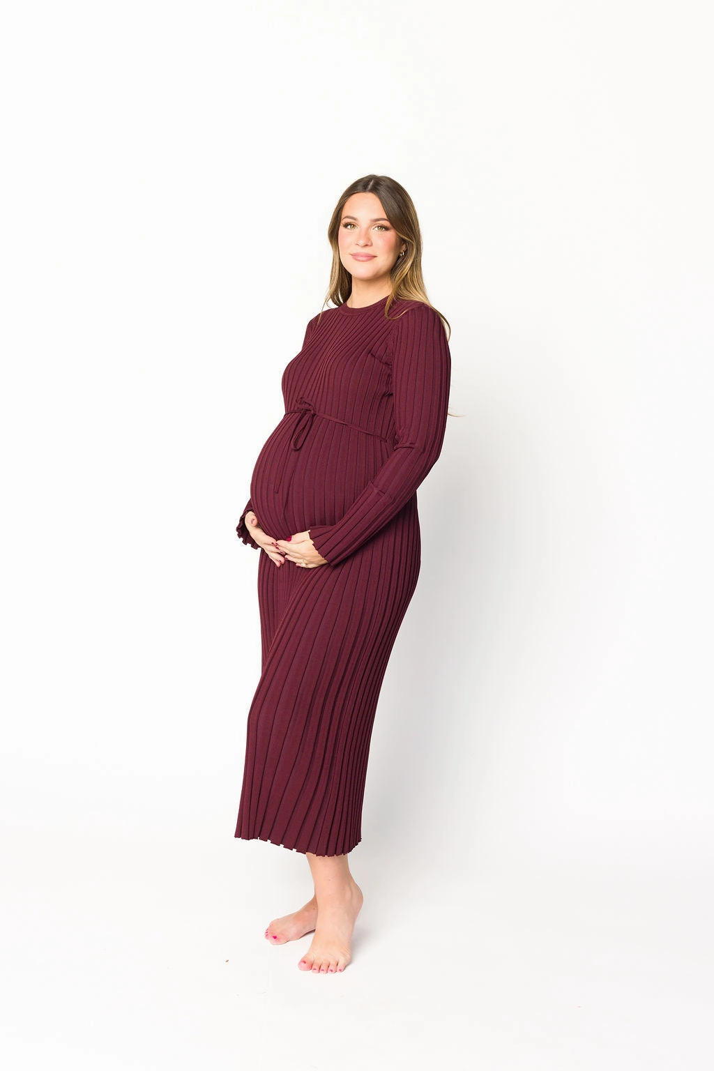 Colette Premium Long Sleeved Ribbed Knit Maxi Dress in Burgundy - Bump Friendly Breezy Fit Boho Tone
