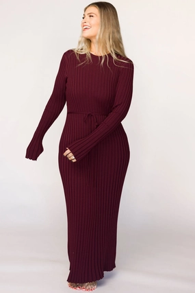 Light Aesthetic Flared-Hem Colette Premium Long Sleeved Ribbed Knit Maxi Dress in Burgundy - Bump Friendly