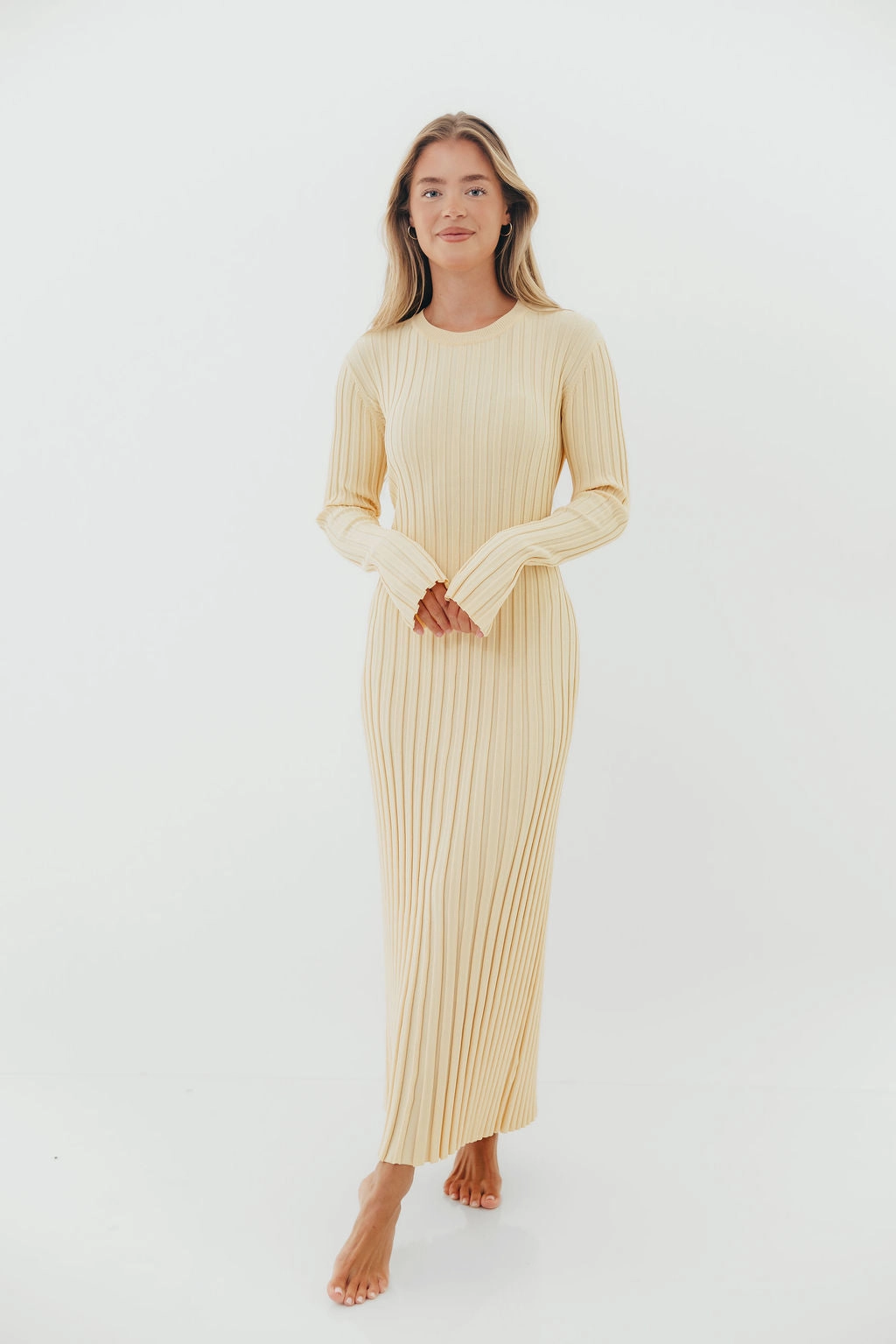 Colette Premium Long Sleeved Ribbed Knit Maxi Dress in Butter Yellow  - Bump Friendly Polished Motion wrap waist