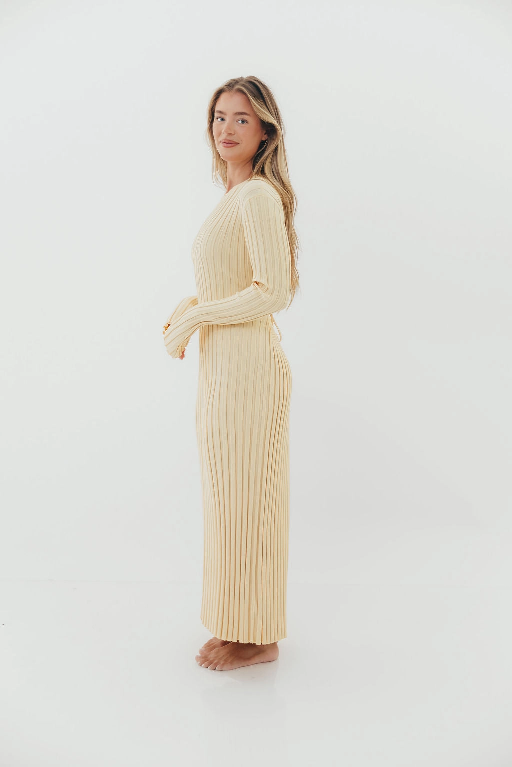 Colette Premium Long Sleeved Ribbed Knit Maxi Dress in Butter Yellow  - Bump Friendly Artistic Flair Relaxing Style