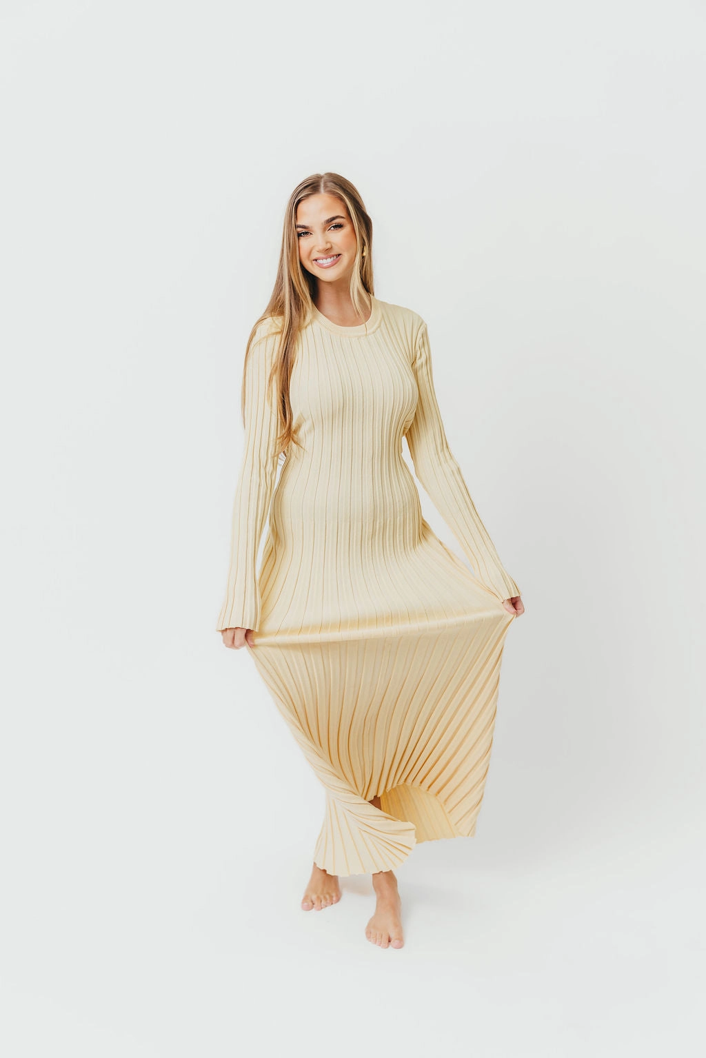 Flattering and Chic Colette Premium Long Sleeved Ribbed Knit Maxi Dress in Butter Yellow  - Bump Friendly
