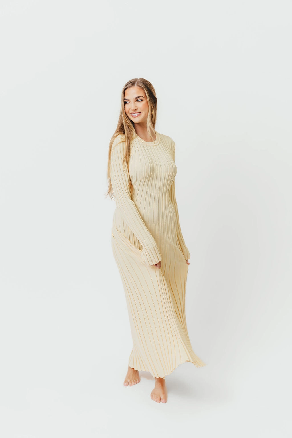Neutral Feel Colette Premium Long Sleeved Ribbed Knit Maxi Dress in Butter Yellow  - Bump Friendly