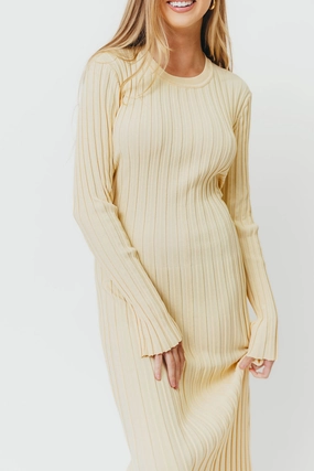Colette Premium Long Sleeved Ribbed Knit Maxi Dress in Butter Yellow  - Bump Friendly Cozy Energy Classic Movement
