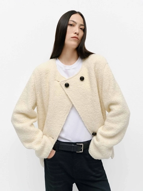 Non Restrictive Mobility Minimal Travel Look Collarless Boucle Knit Coat