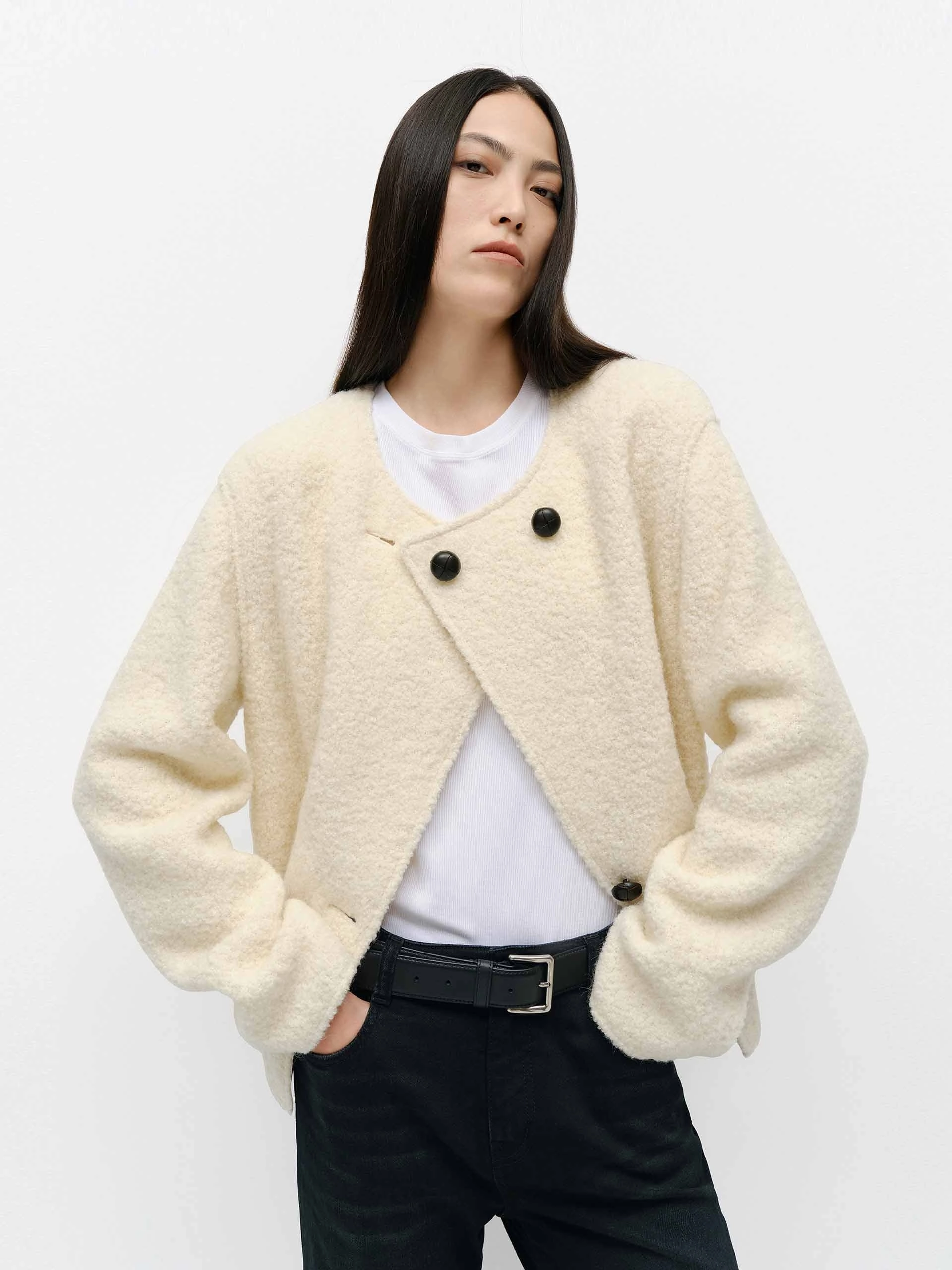 Non Restrictive Mobility Minimal Travel Look Collarless Boucle Knit Coat