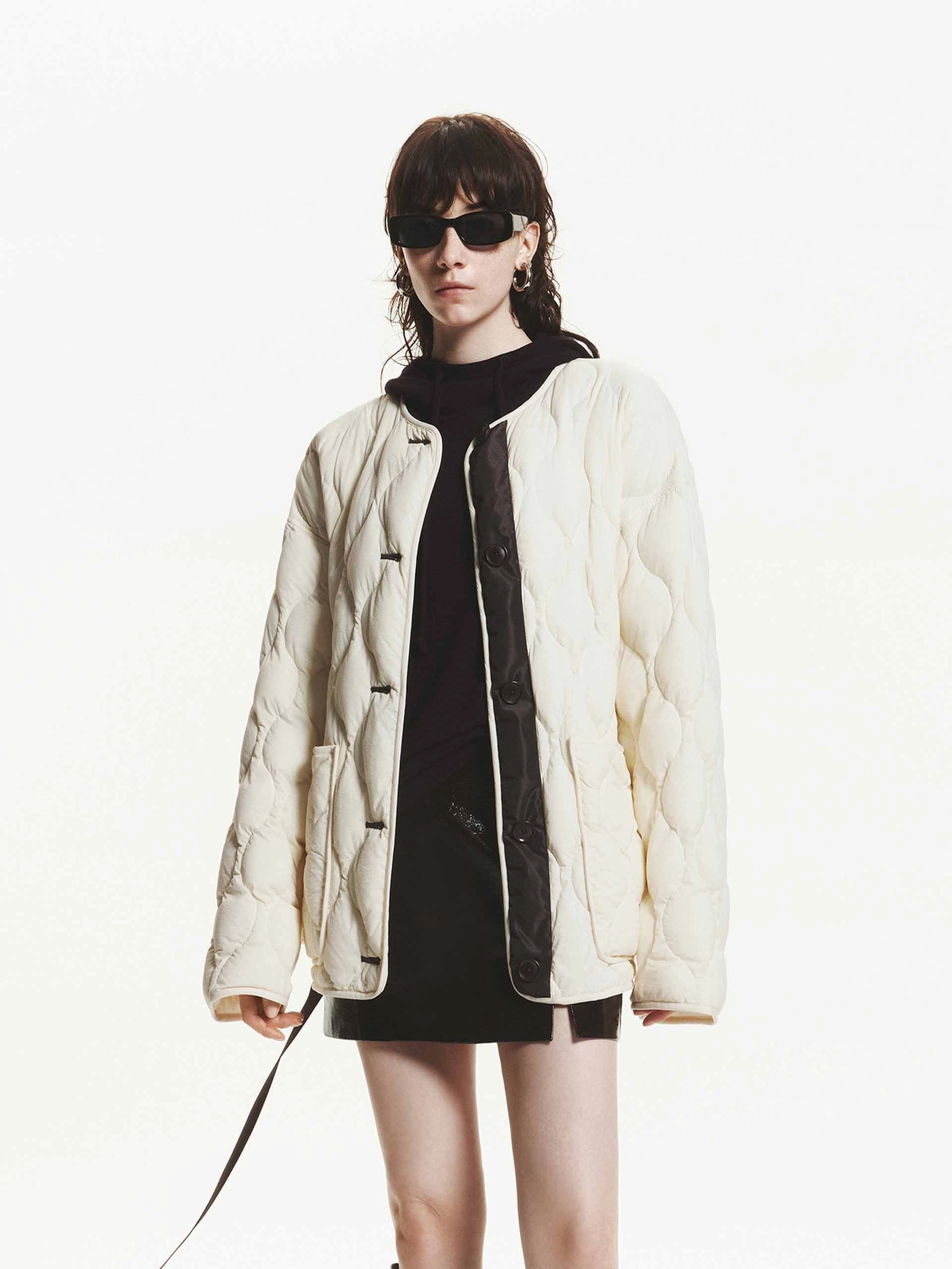 Fray Resistant Edges Modern Utility Collarless Quilted Tie Jacket