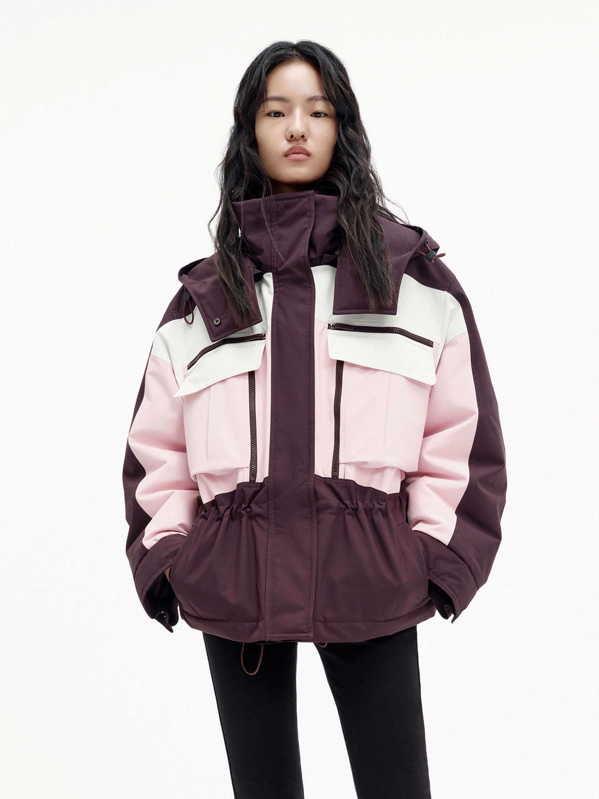 Color Block Hooded Down Jacket Contoured Silhouette