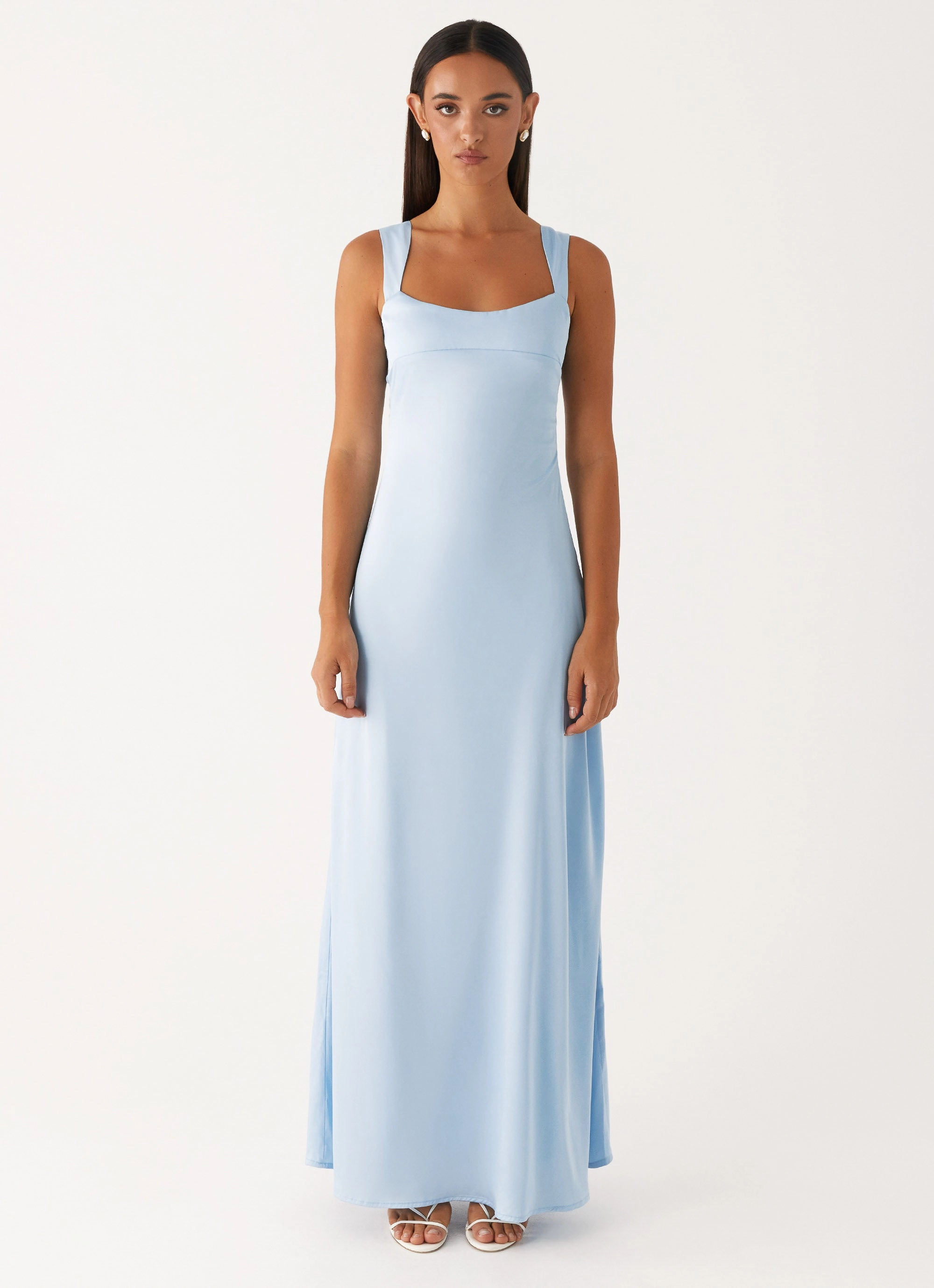 Odette Satin Maxi Dress - Blue Stretchable Warm Pink
