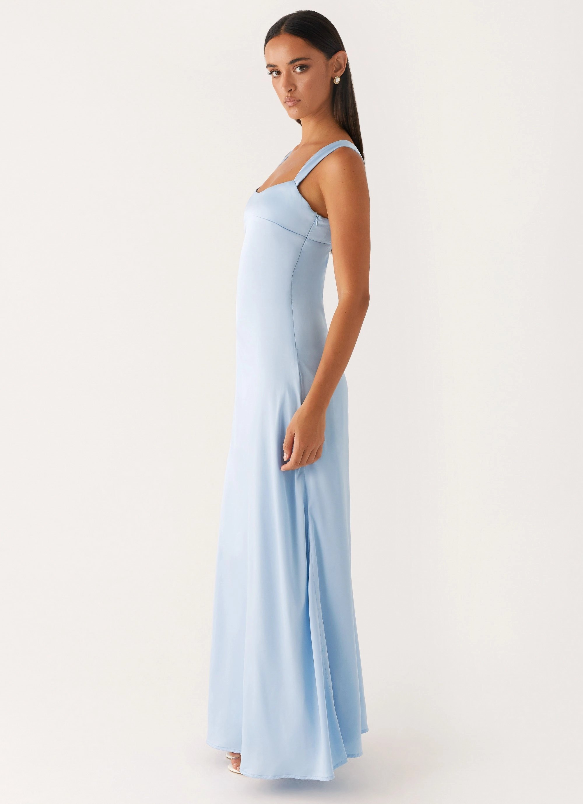 Odette Satin Maxi Dress - Blue Slit Detail Slim Form