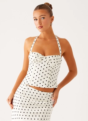 Breanne Top - White Polka Dot linen material