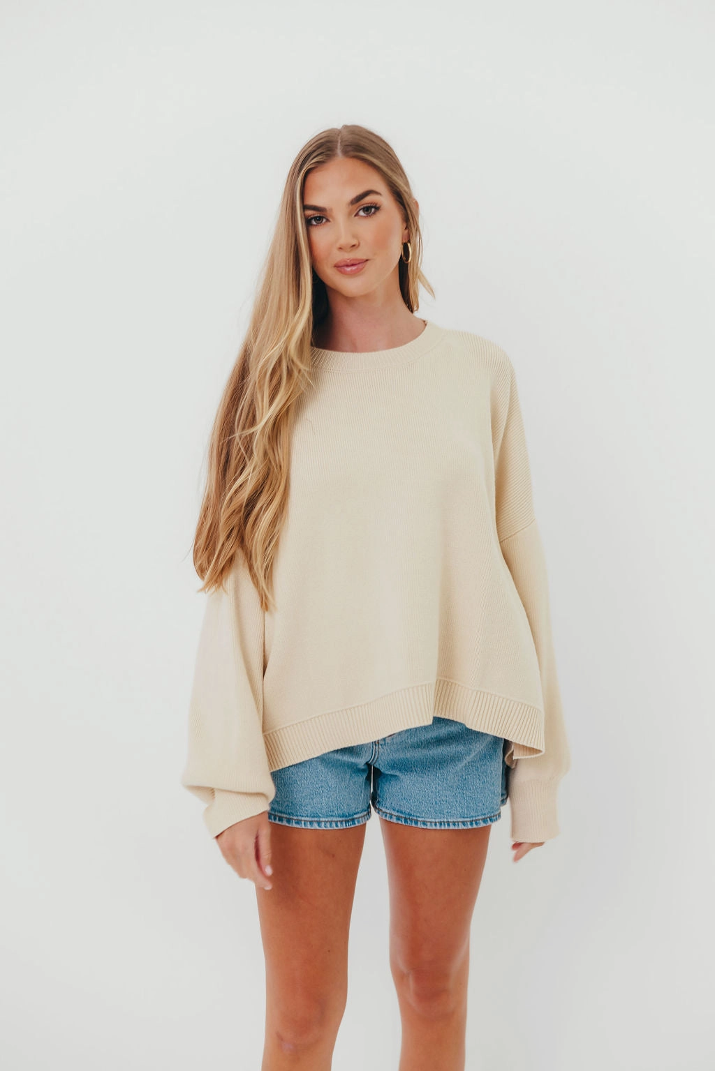 Leigh Drop Shoulder Sweater in Ecru Layering Piece Yarn Dyed Fabric