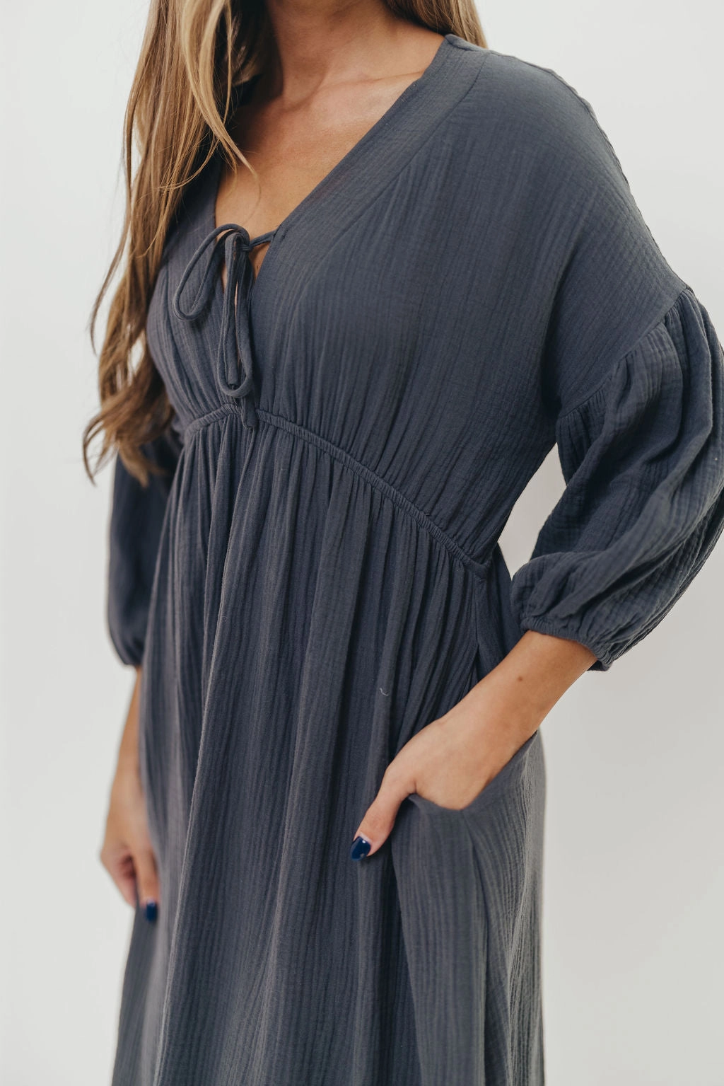 Hunter 100% Cotton Gauze Midi Dress in Dusty Navy - Bump Friendly Clean Comfort Timeless Cut