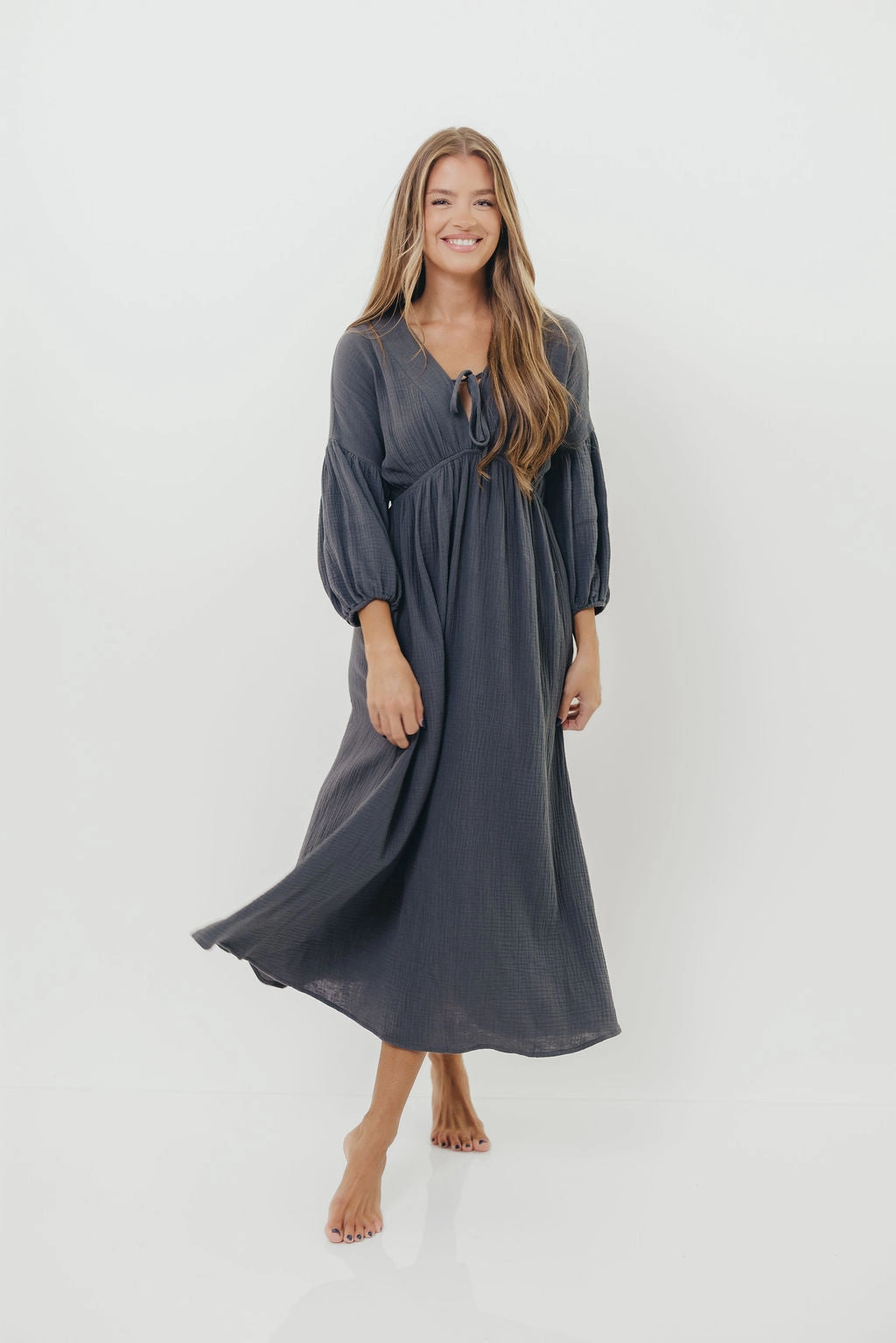 Soft Presence Hunter 100% Cotton Gauze Midi Dress in Dusty Navy - Bump Friendly