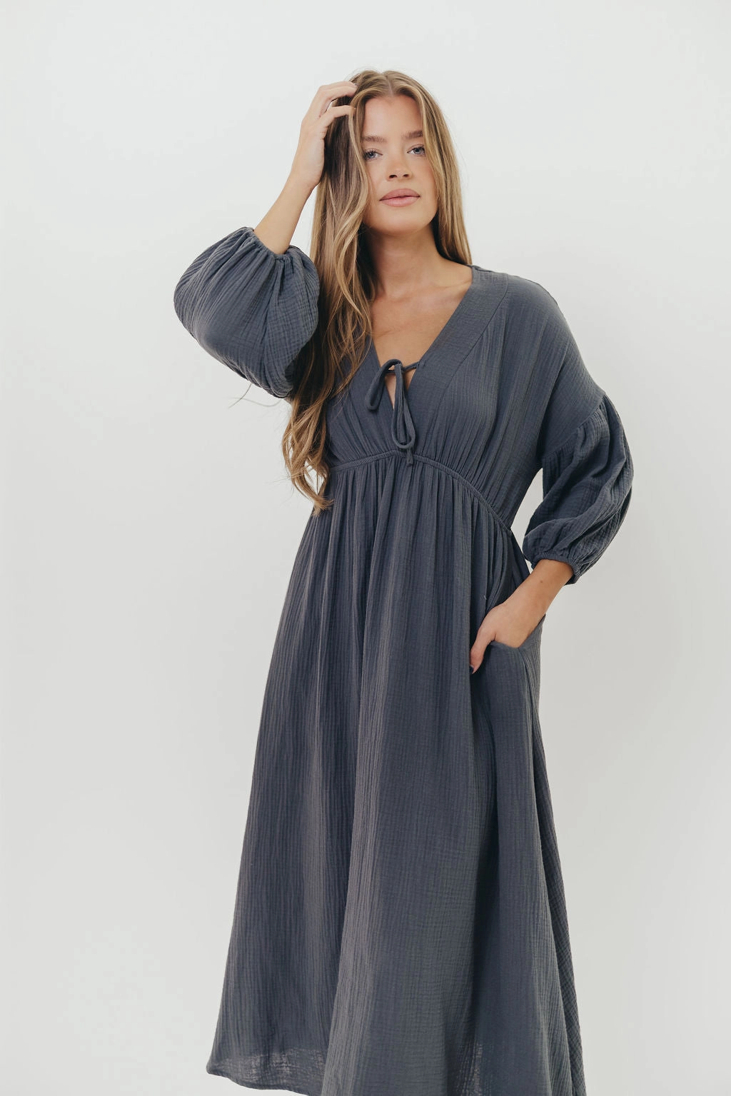 Hunter 100% Cotton Gauze Midi Dress in Dusty Navy - Bump Friendly Square Neck