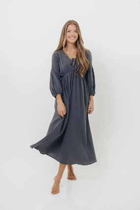 Soft Presence Hunter 100% Cotton Gauze Midi Dress in Dusty Navy - Bump Friendly