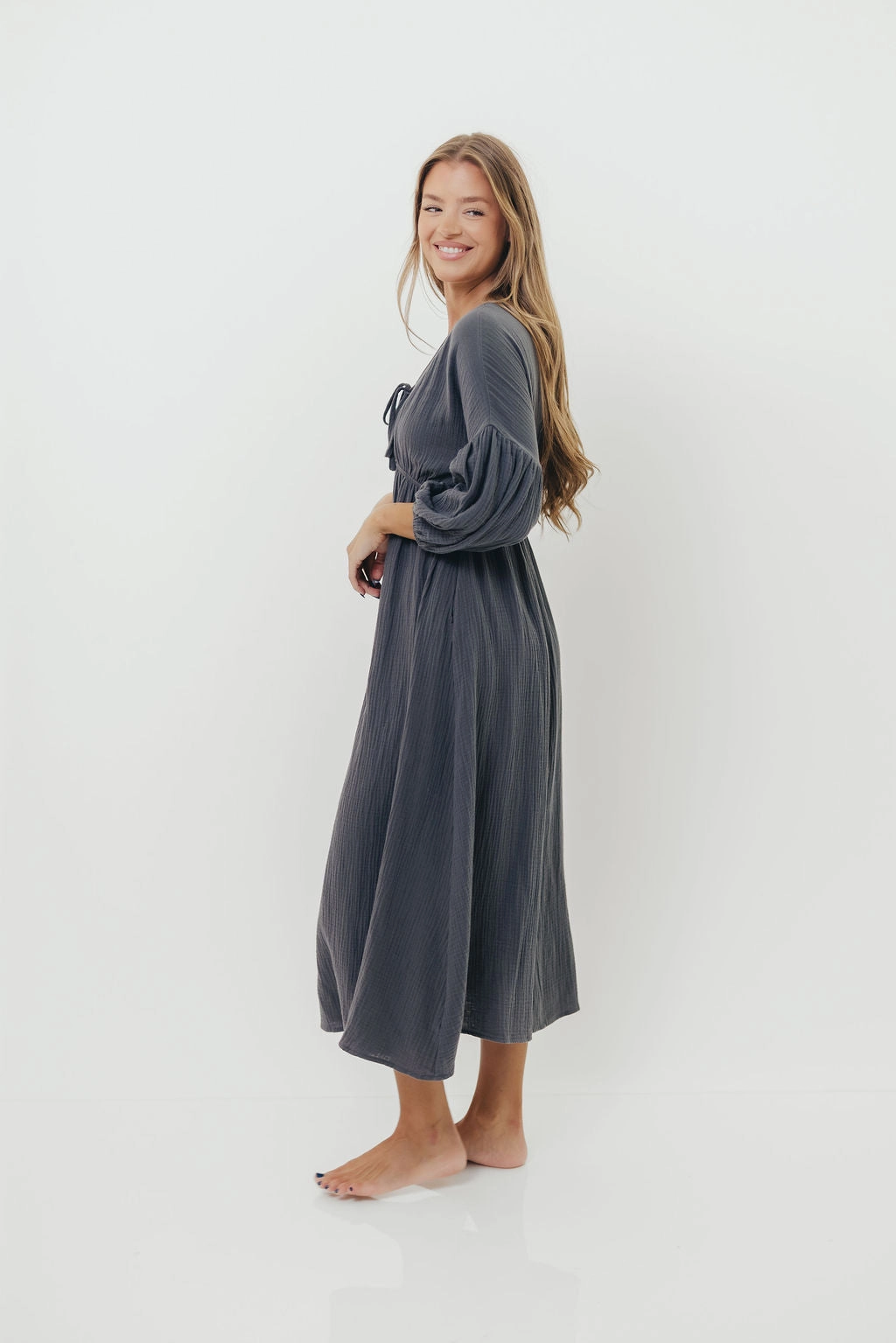 Hunter 100% Cotton Gauze Midi Dress in Dusty Navy - Bump Friendly Easy Pretty
