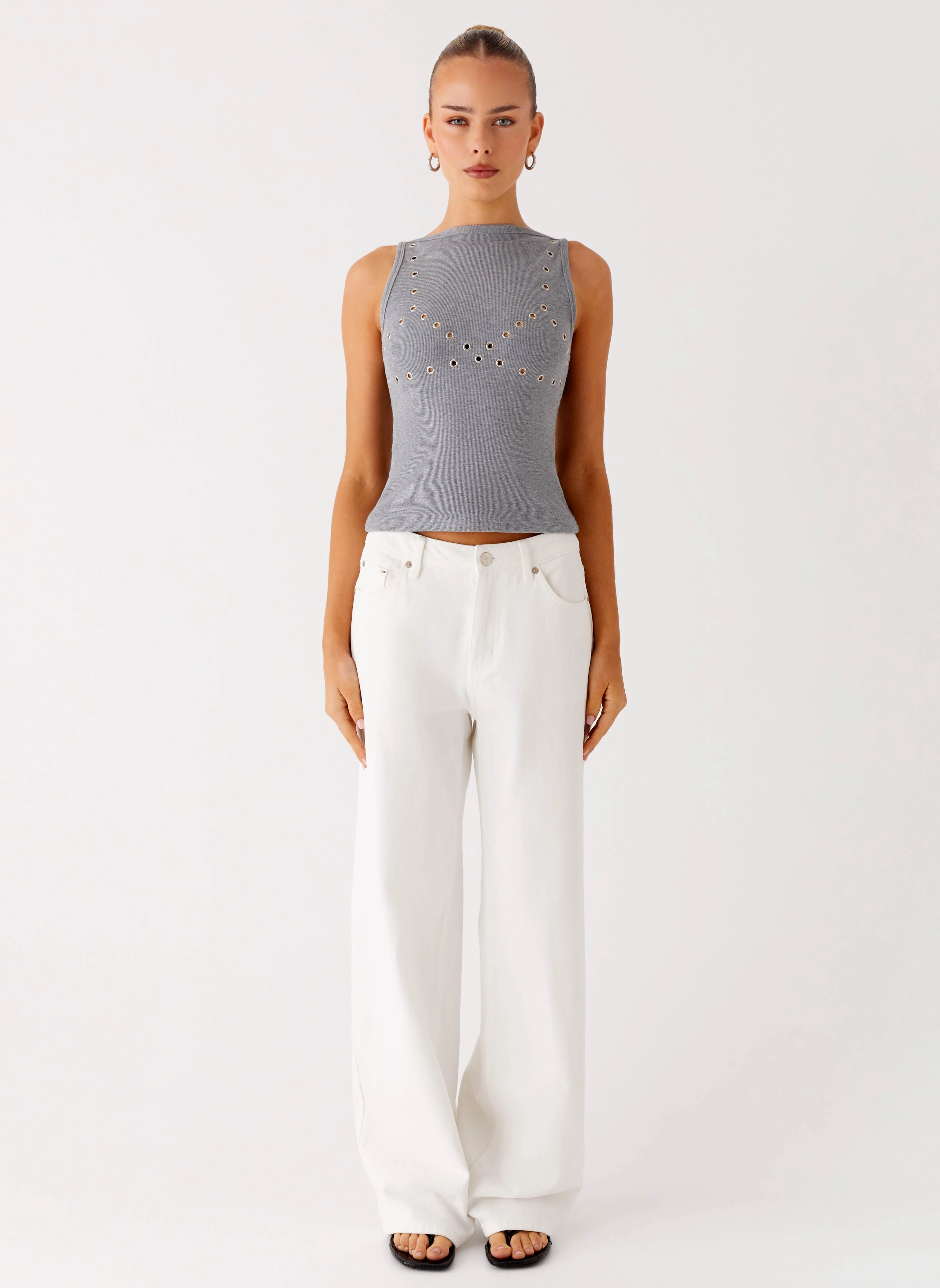 Spot Elastic Drop Top Ribbed Eyelet Tank Top - Marle Grey