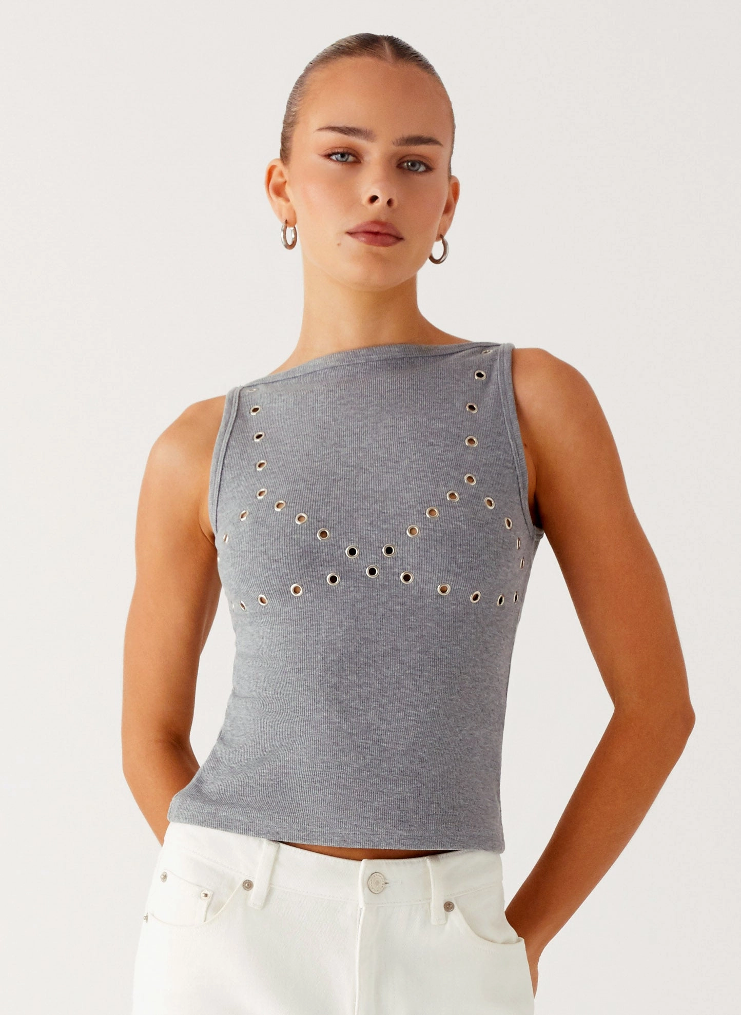 slim size Drop Top Ribbed Eyelet Tank Top - Marle Grey