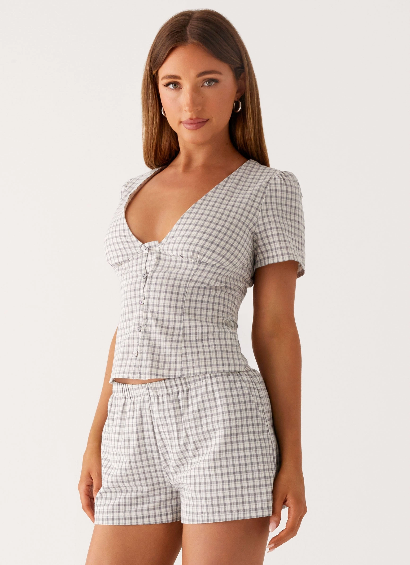 segment Adalina Button Up Top - Grey Check