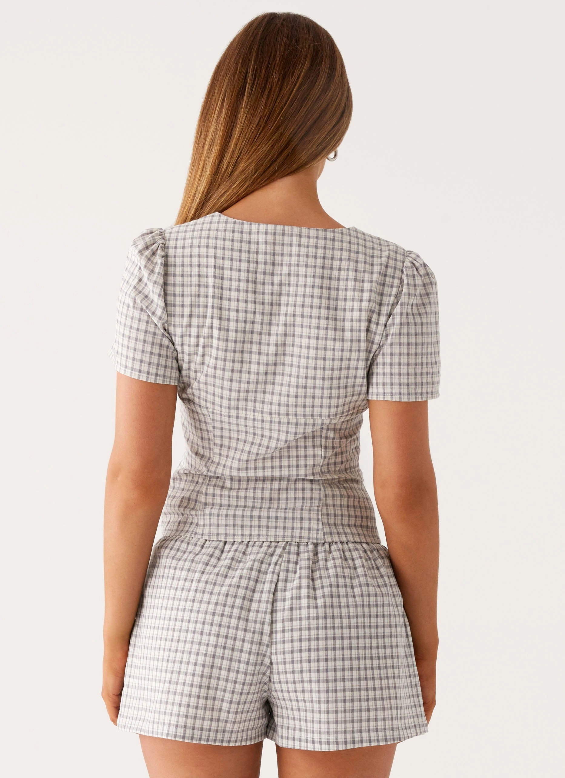 Custom - made Adalina Button Up Top - Grey Check