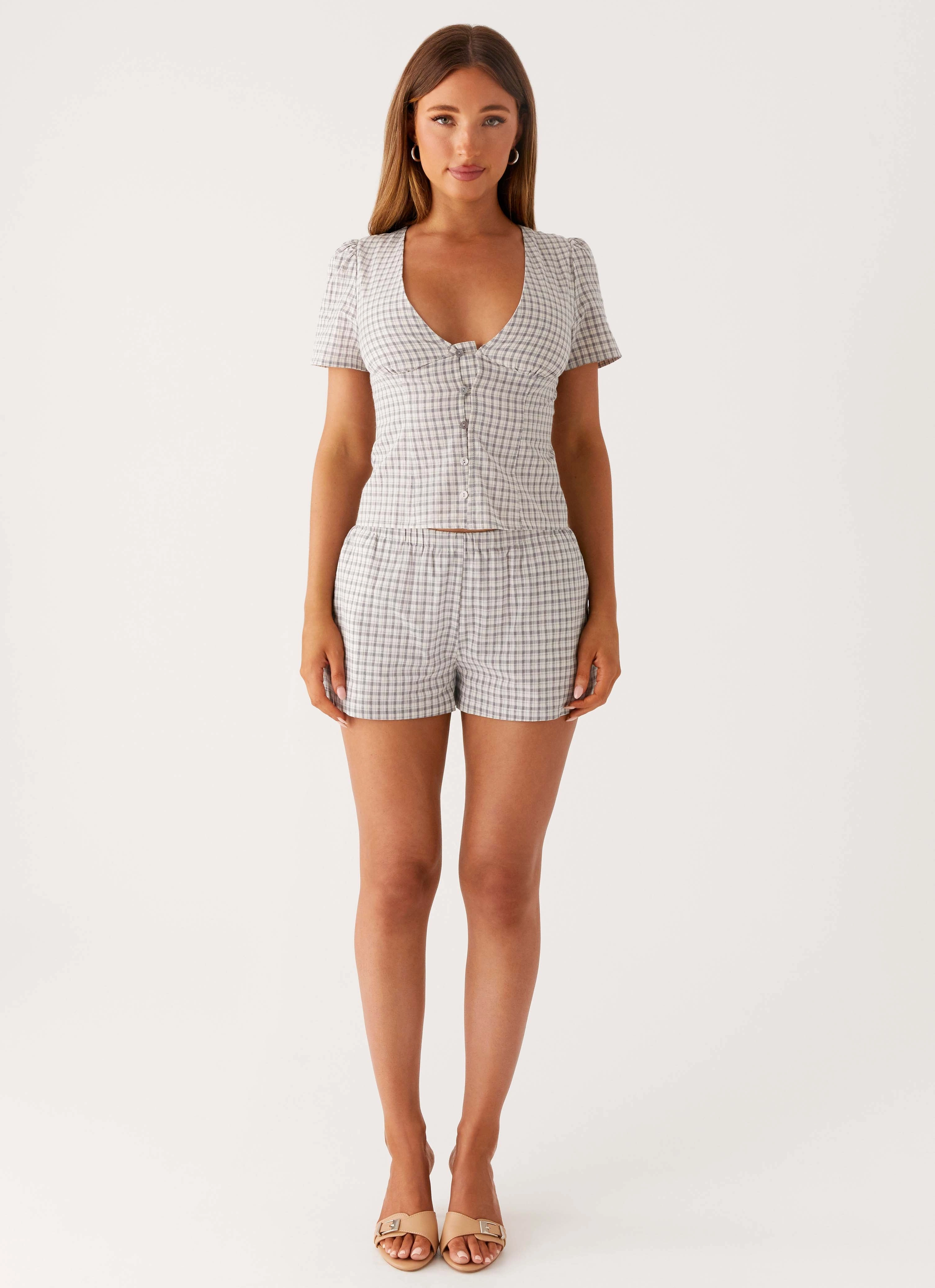 Adalina Button Up Top - Grey Check Modular Attachment with zippers