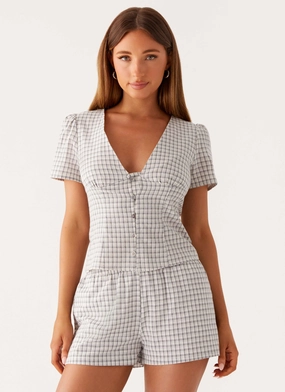 Adalina Button Up Top - Grey Check Flat
