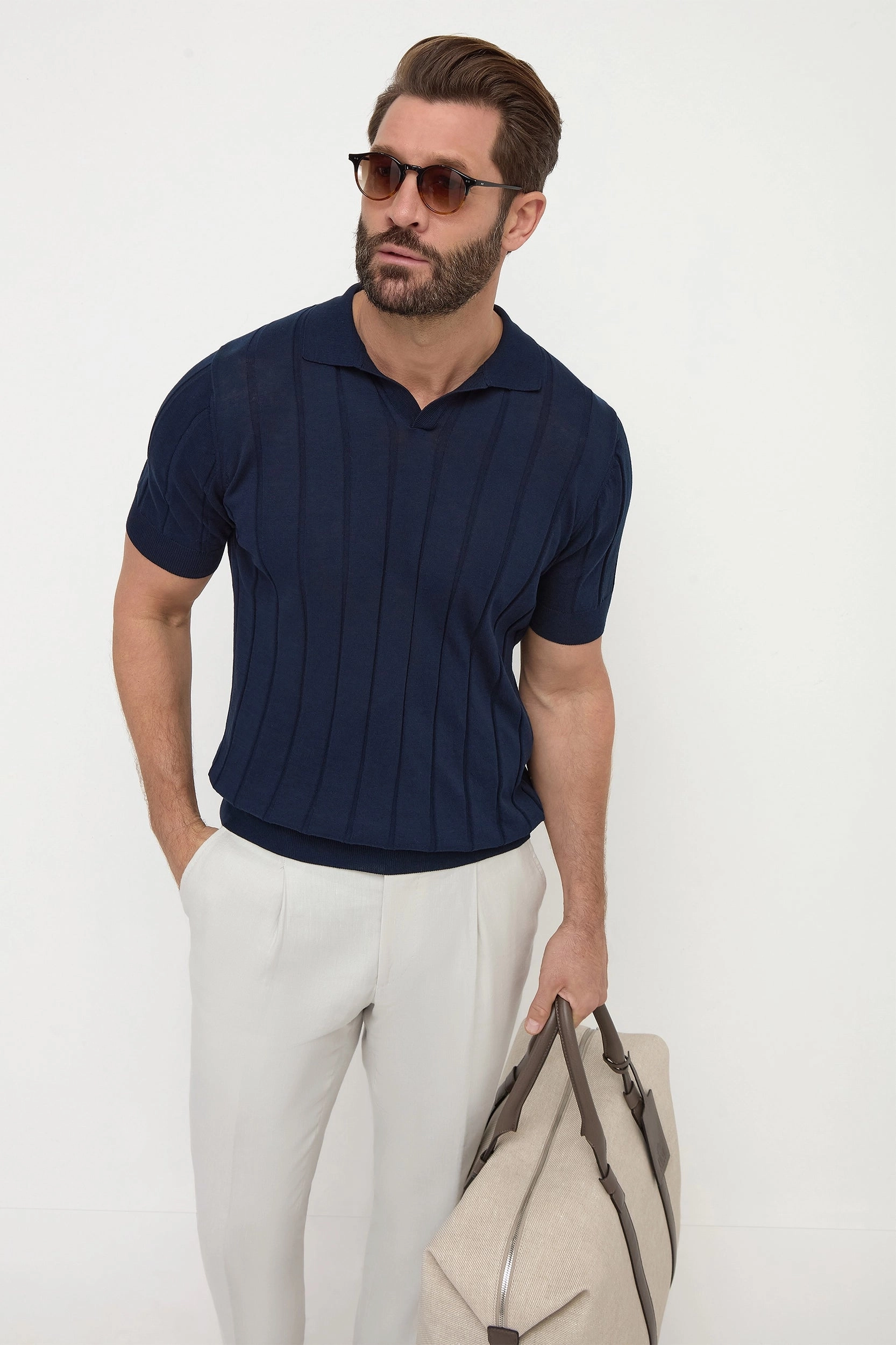 Blue ribbed polo - Made in Italy Eco Conscious Manufacturing Chic Outfit