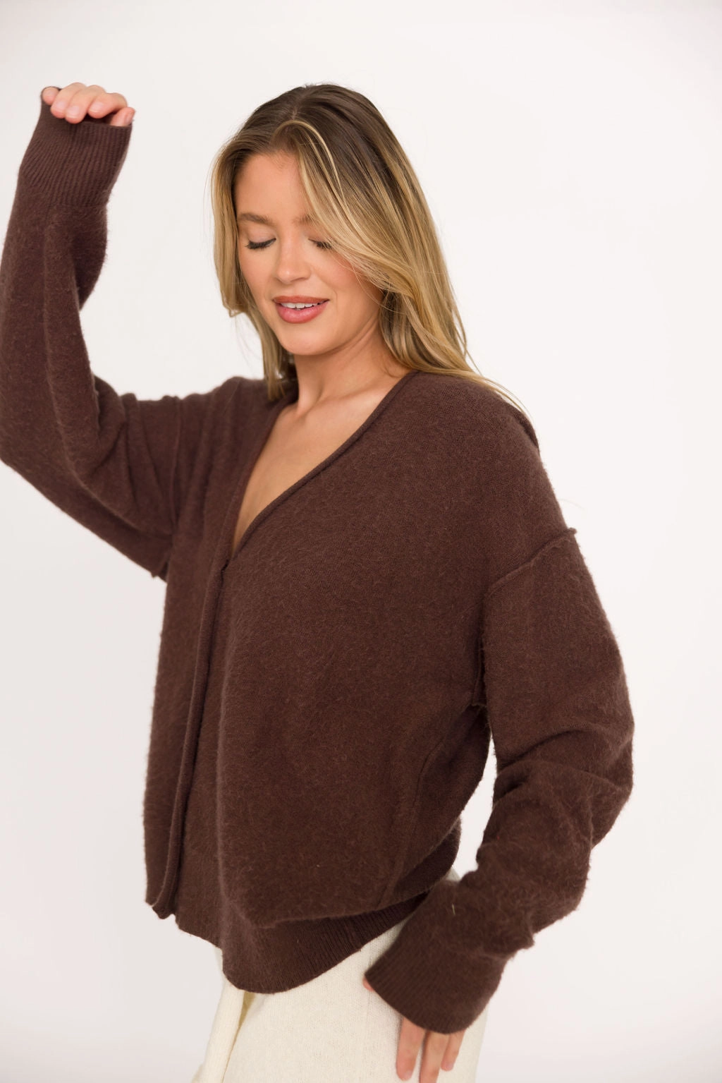 Rumored Longline Cardigan in Espresso Crew Neck Design Relaxed Comfort Fit