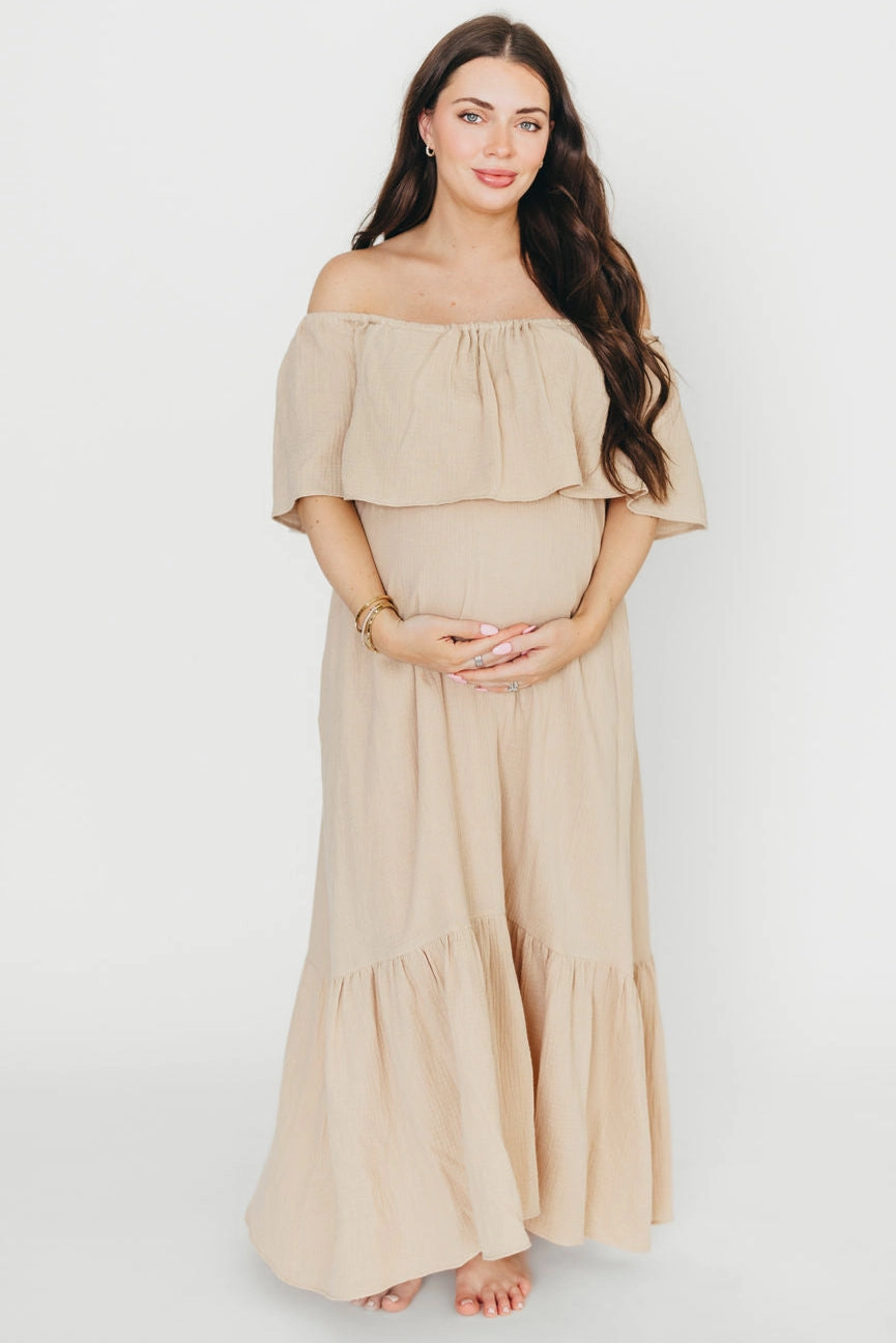 Summer Friendly Josie 100% Cotton Maxi Dress in Beige - Bump & Nursing Friendly *Final-Sale*