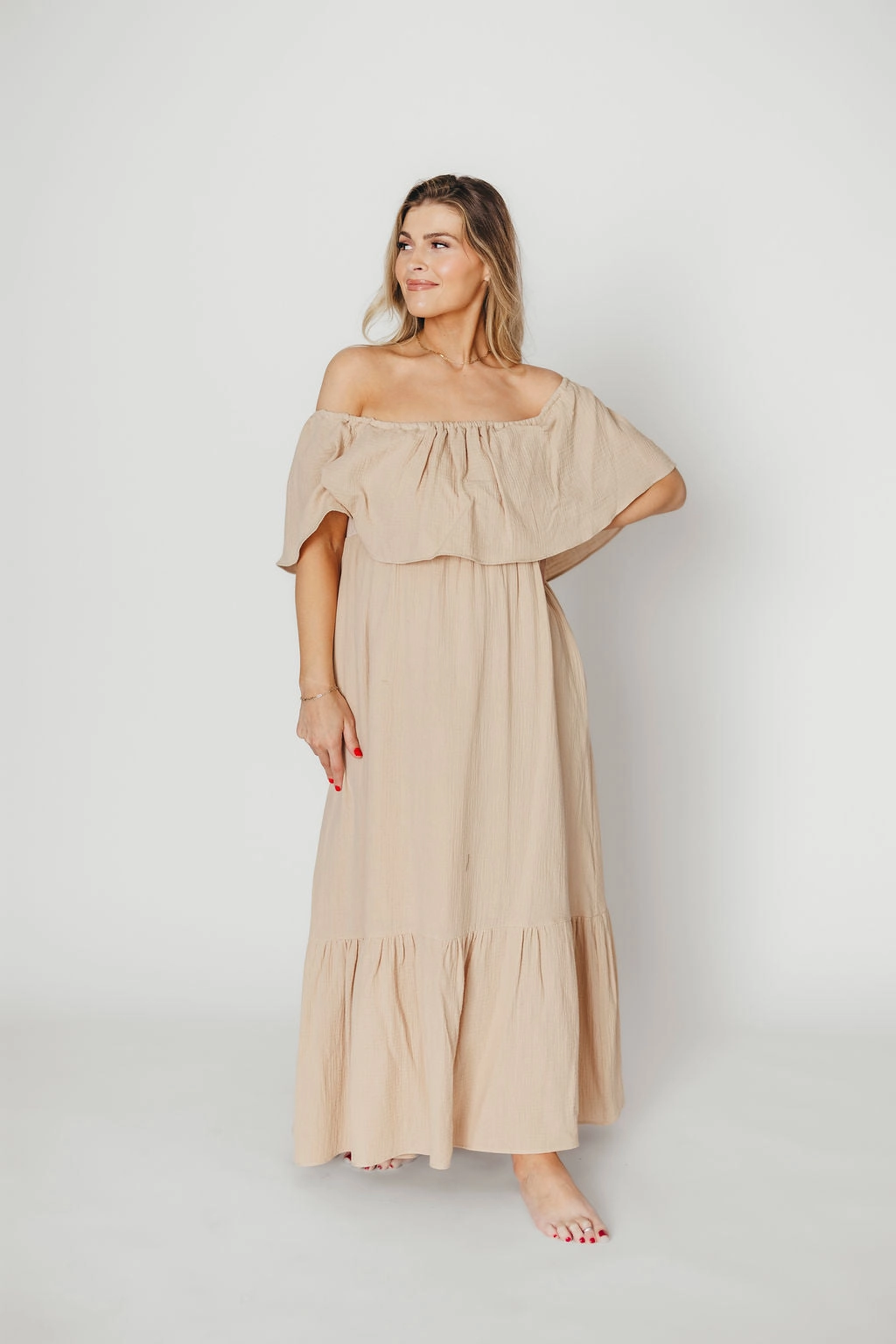 Josie 100% Cotton Maxi Dress in Beige - Bump & Nursing Friendly *Final-Sale* Flutter-Sleeve