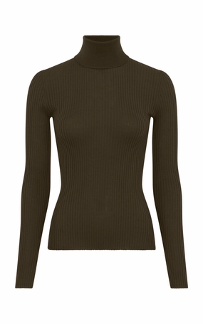 Peppe Knit Turtleneck in Olive Cashmere Silk Zigzag Stitch Detail Simple Layer