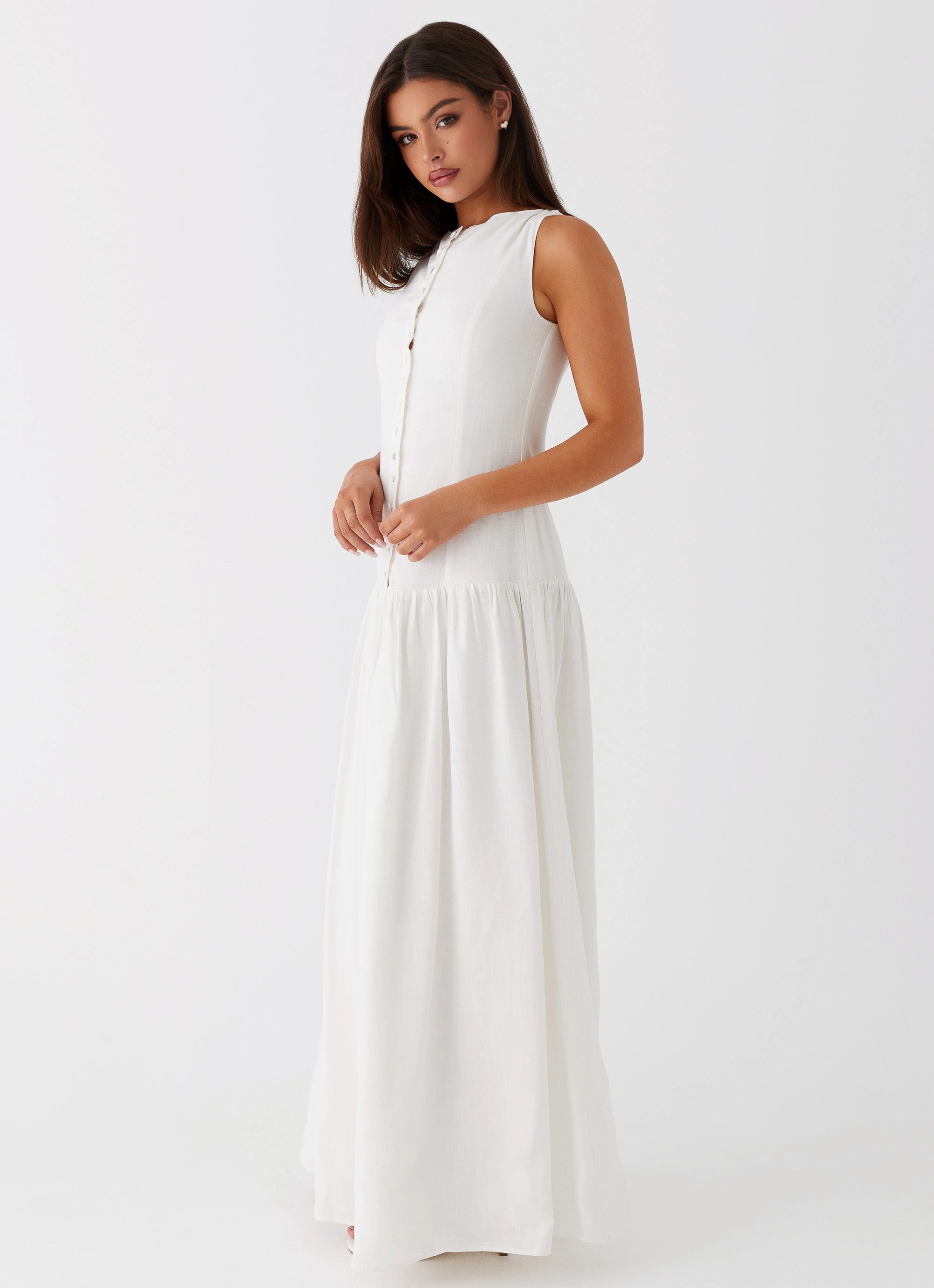 Meggie Linen Maxi Dress - White Bishop-Sleeve