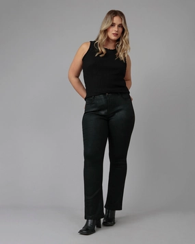 Brunch Outfit Summer Vibes Versatile Minimalist Daily Wear Loose Women's BILLIE-CBLK High Rise Bootcut Jeans | Coated Black
