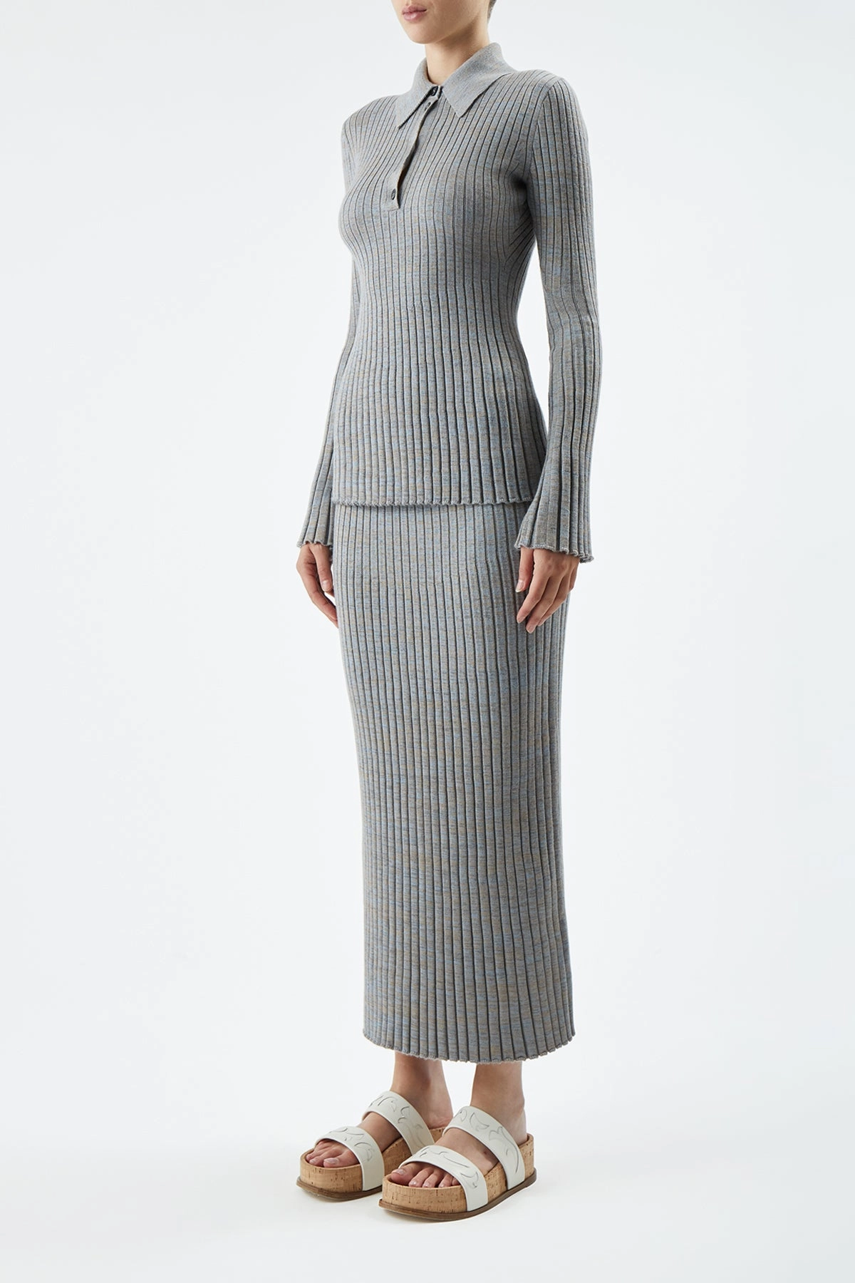 Conti Knit Midi Skirt in Light Blue Melange Cashmere Reinforced Hemline Relaxed Cut