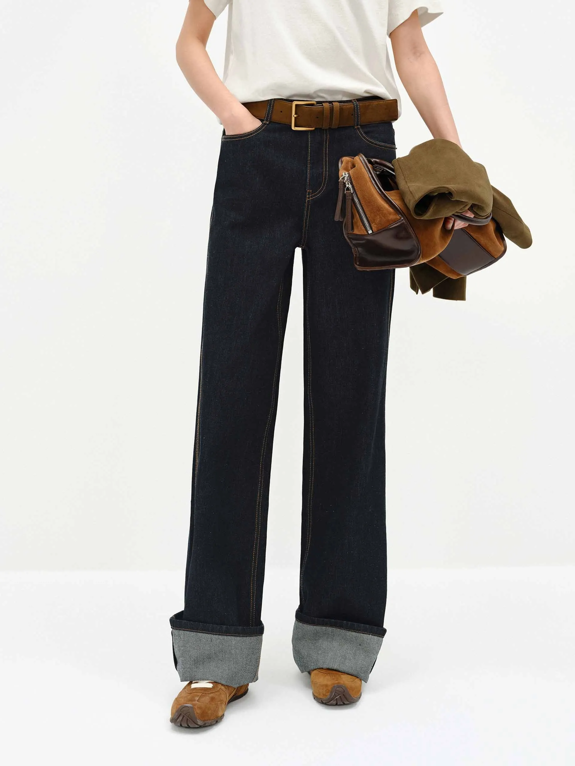 Contrast Seam Straight Jeans Fashion Uniform