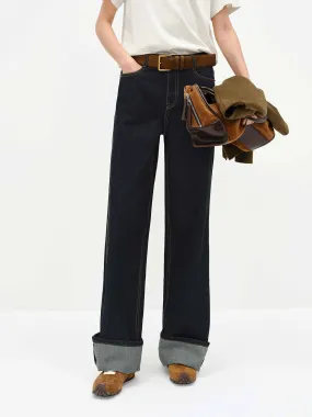 Contrast Seam Straight Jeans Fashionable Fit