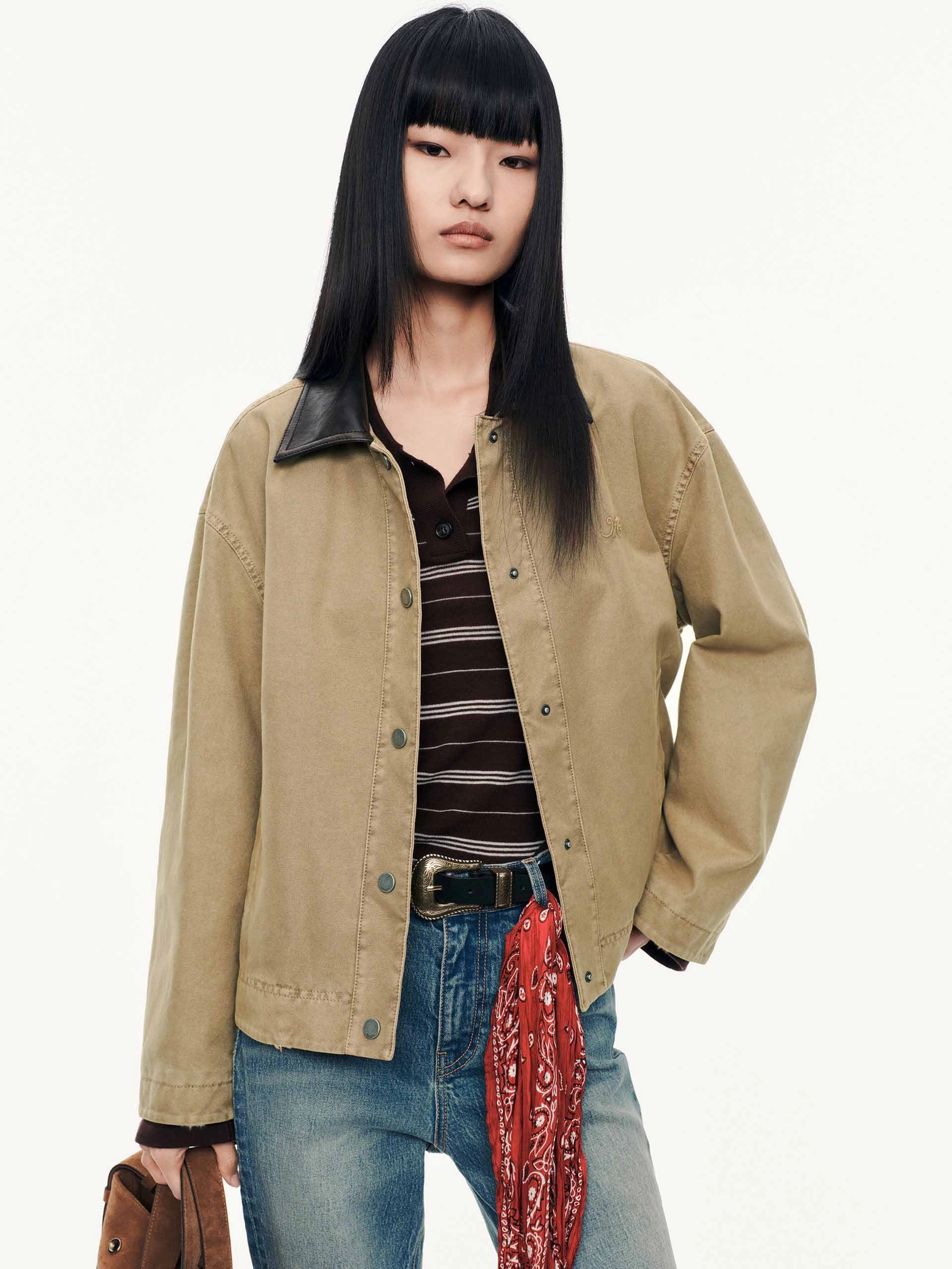 Matte Surface Texture Stretch Weave Fabric Contrast Collar Cotton Coat