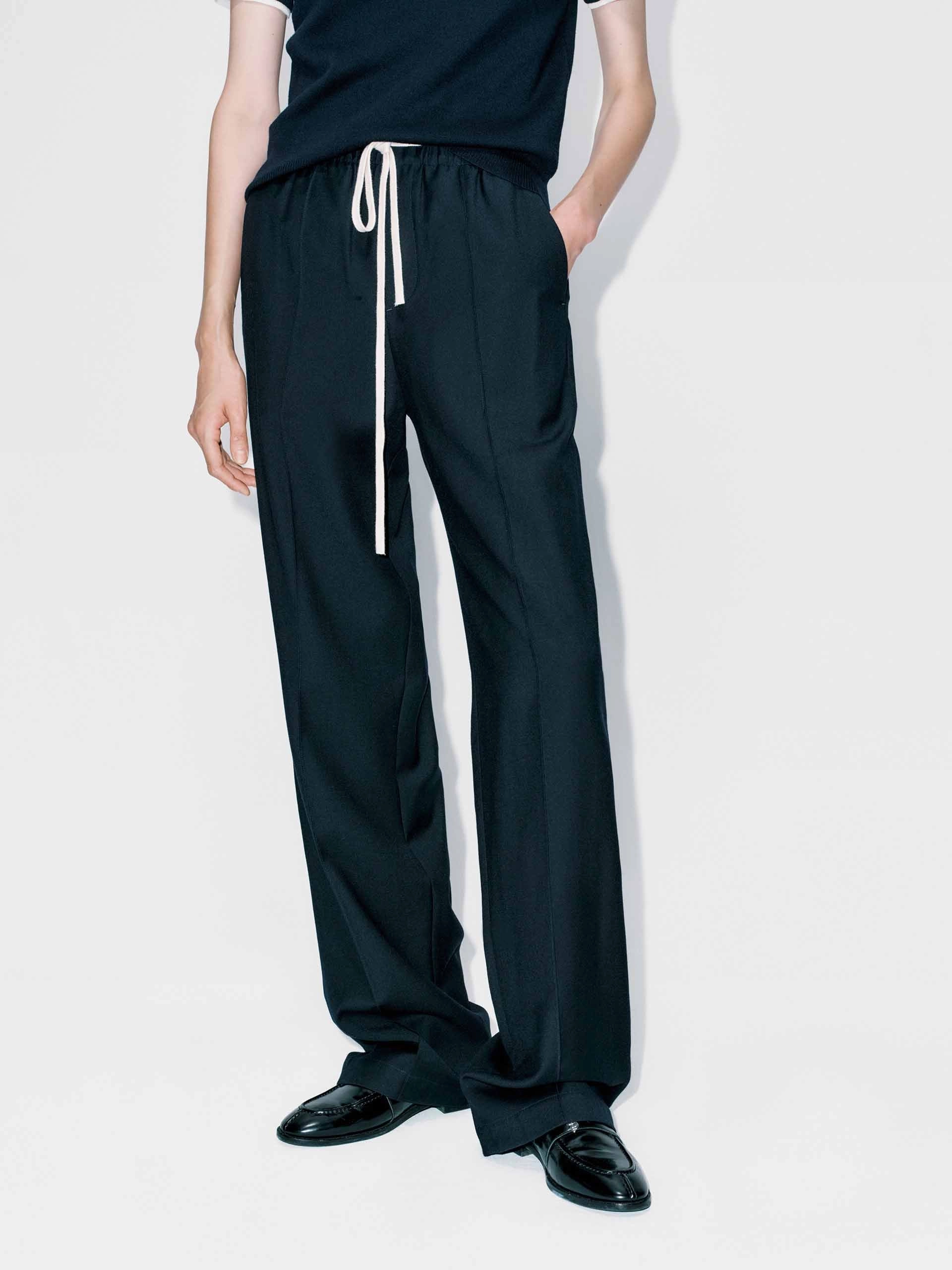 Contrast Drawstring Wool Trousers Tapered Look