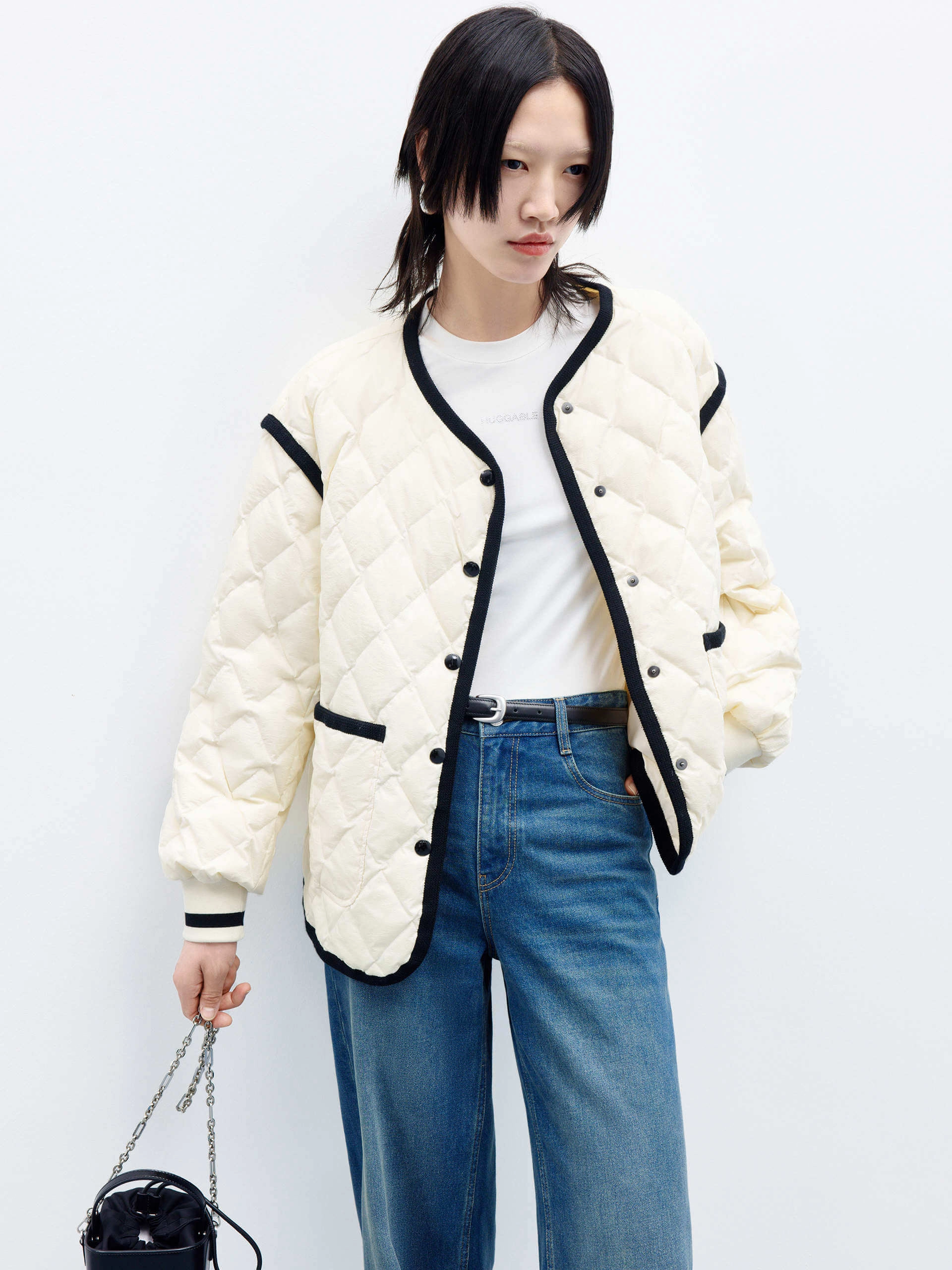 Contrast trim Quilted Shell Jacket Collar Stabilization System Zippered Pockets